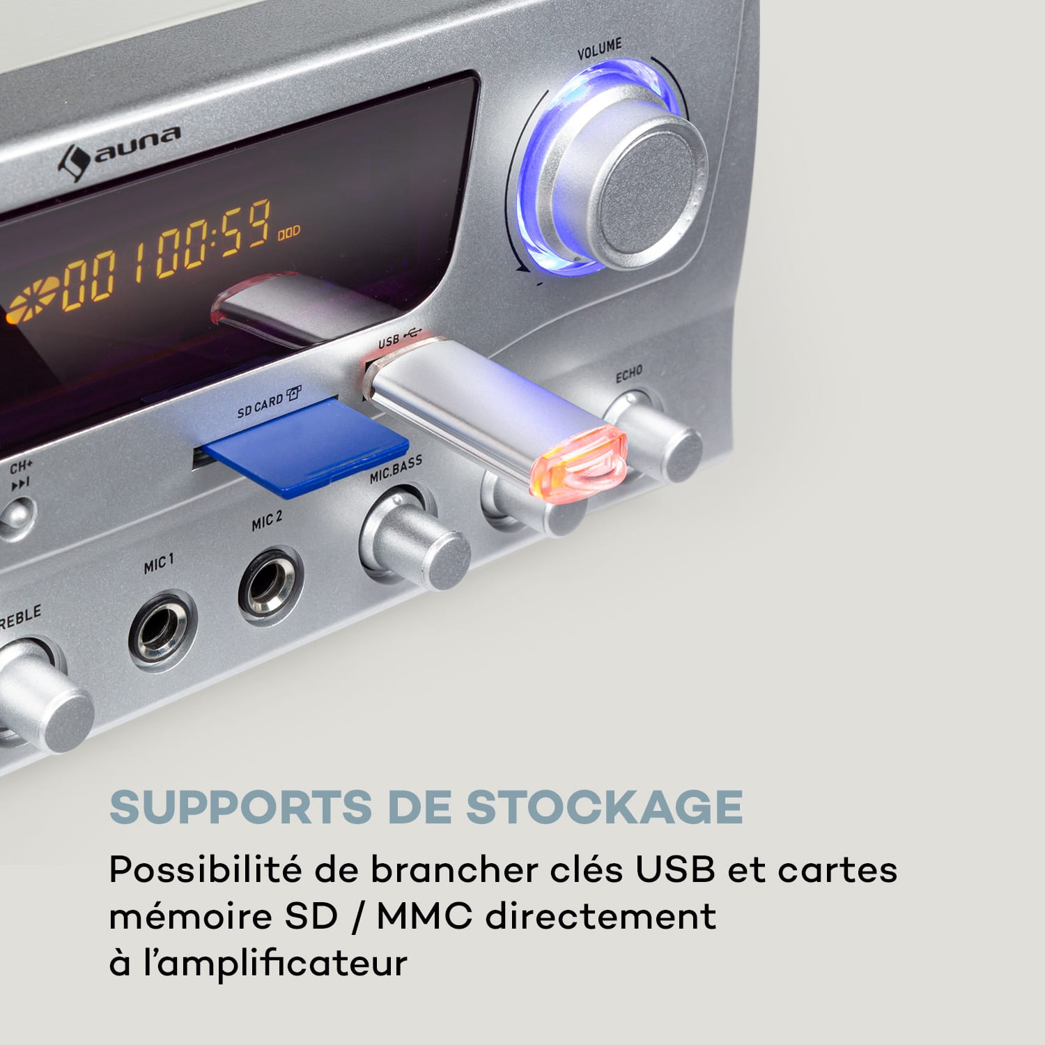 Amp-2 BT Amplificateur HiFi USB SD 2x 50W RMS - Argent Argent