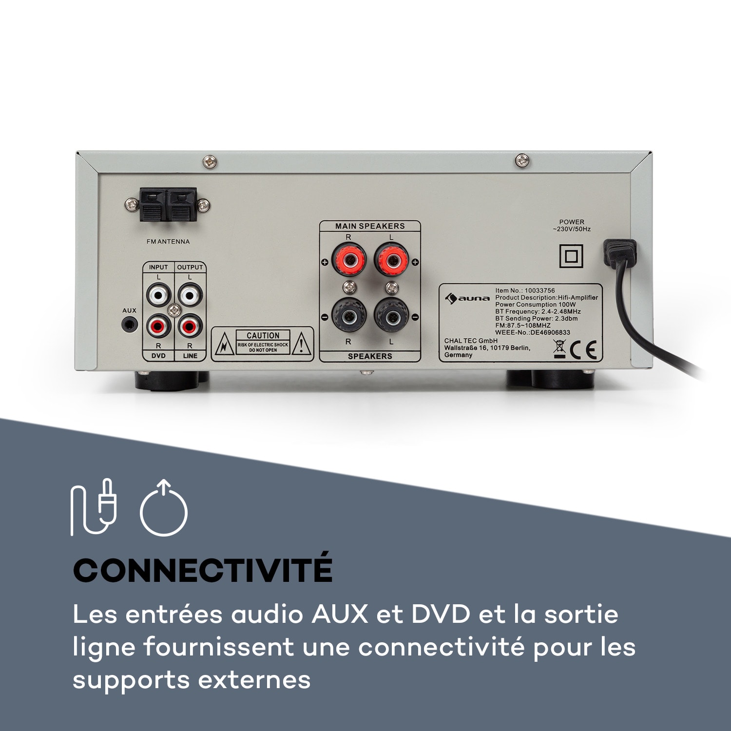 Amp-2 BT Amplificateur HiFi USB SD 2x 50W RMS - Argent Argent