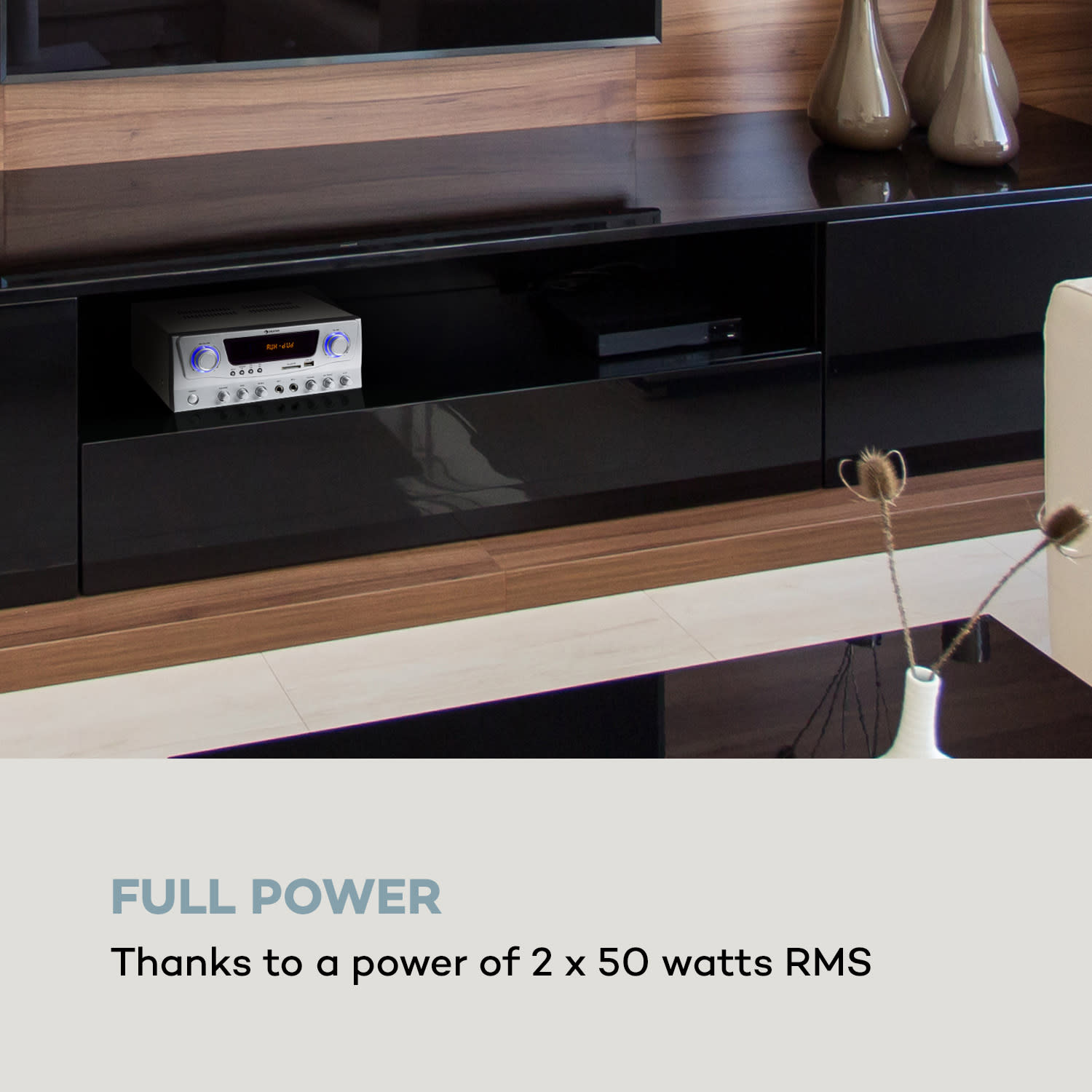 Amp-2 BT, aplificator HiFi, 2 x 50 W, BT, USB, SD, 2 x intrări microfon Argintiu
