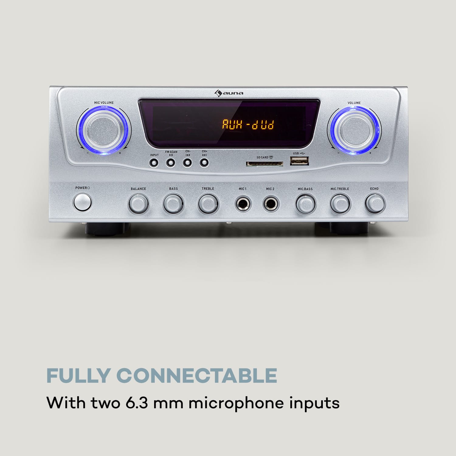 Amp-2 BT, aplificator HiFi, 2 x 50 W, BT, USB, SD, 2 x intrări microfon Argintiu