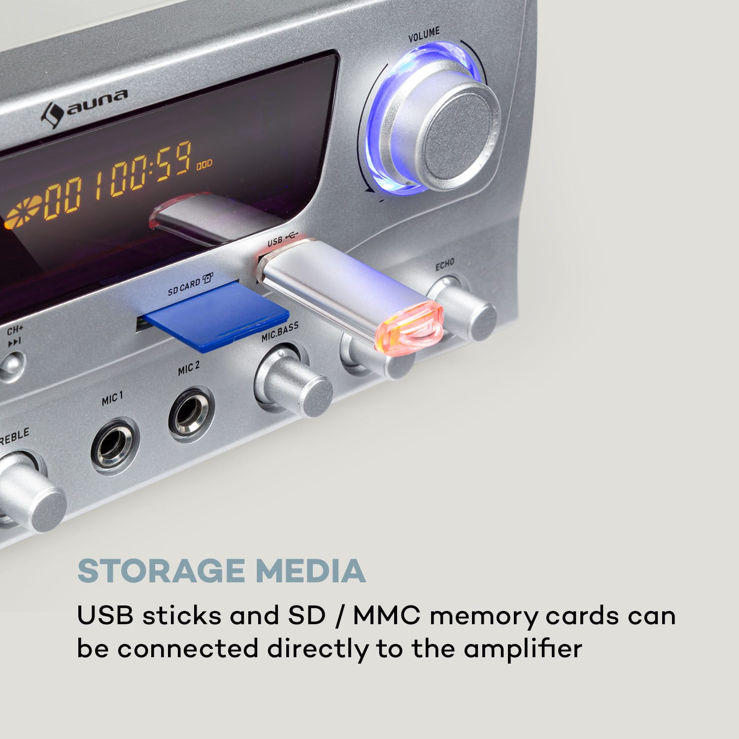 Amp-2 BT, aplificator HiFi, 2 x 50 W, BT, USB, SD, 2 x intrări microfon Argintiu