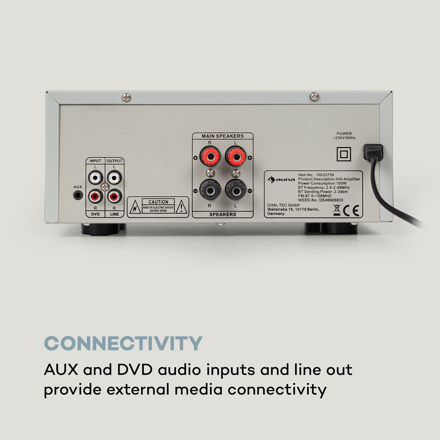 Amp-2 BT, aplificator HiFi, 2 x 50 W, BT, USB, SD, 2 x intrări microfon Argintiu