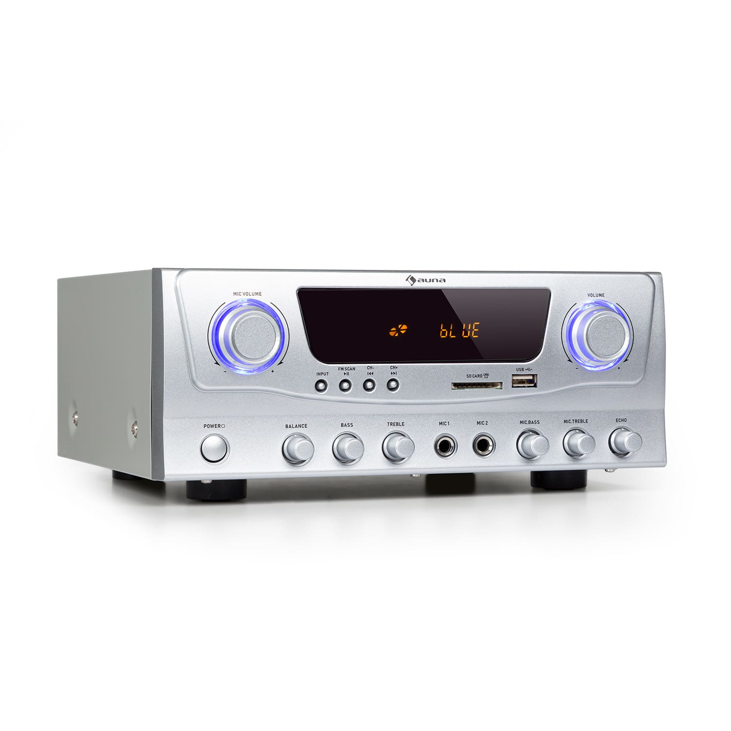 Amp-2 BT, aplificator HiFi, 2 x 50 W, BT, USB, SD, 2 x intrări microfon Argintiu