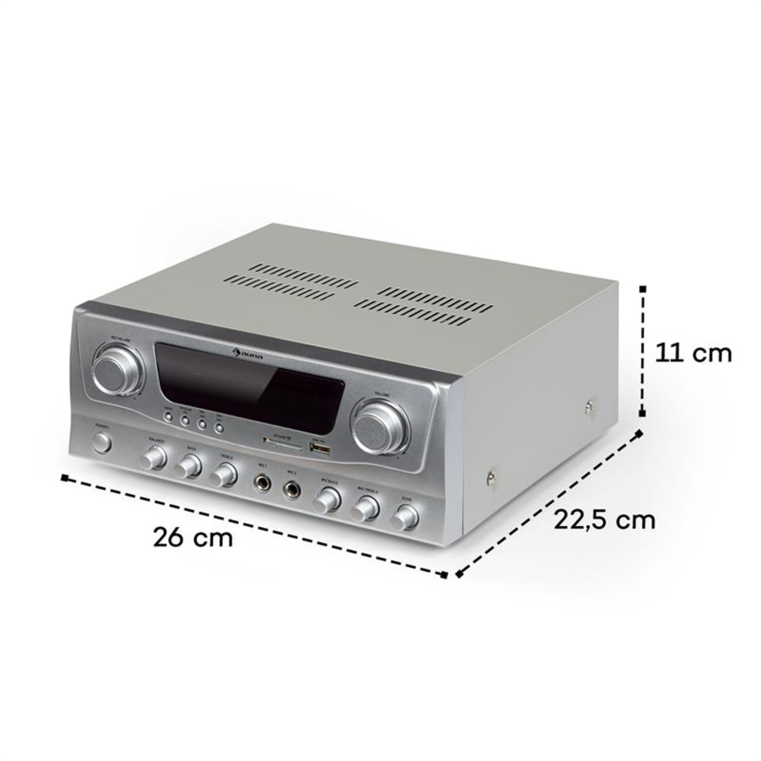 Amp-2 BT, aplificator HiFi, 2 x 50 W, BT, USB, SD, 2 x intrări microfon Argintiu