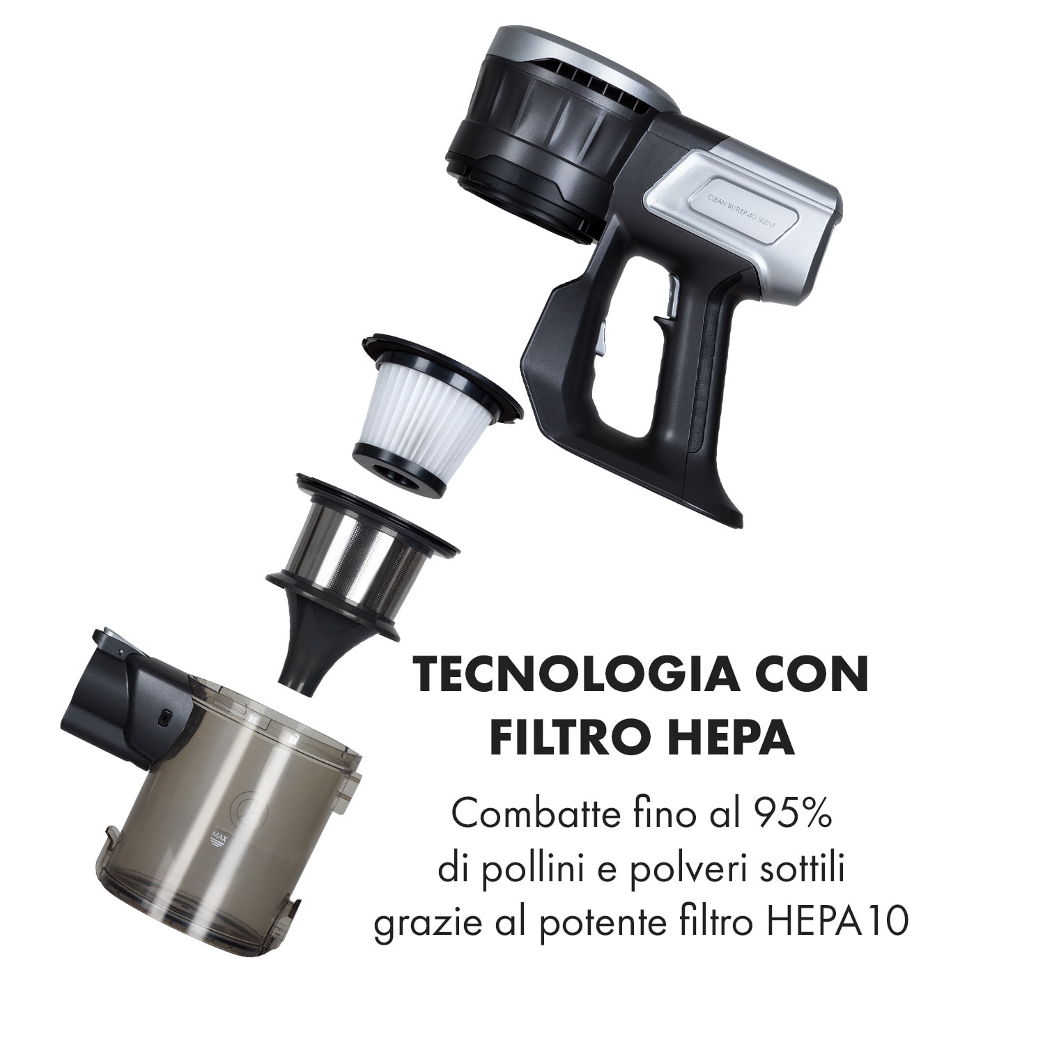 Clean Butler 4G Silent aspirapolvere senza filo 16 kPa 0,8l HEPA10 nero Nero