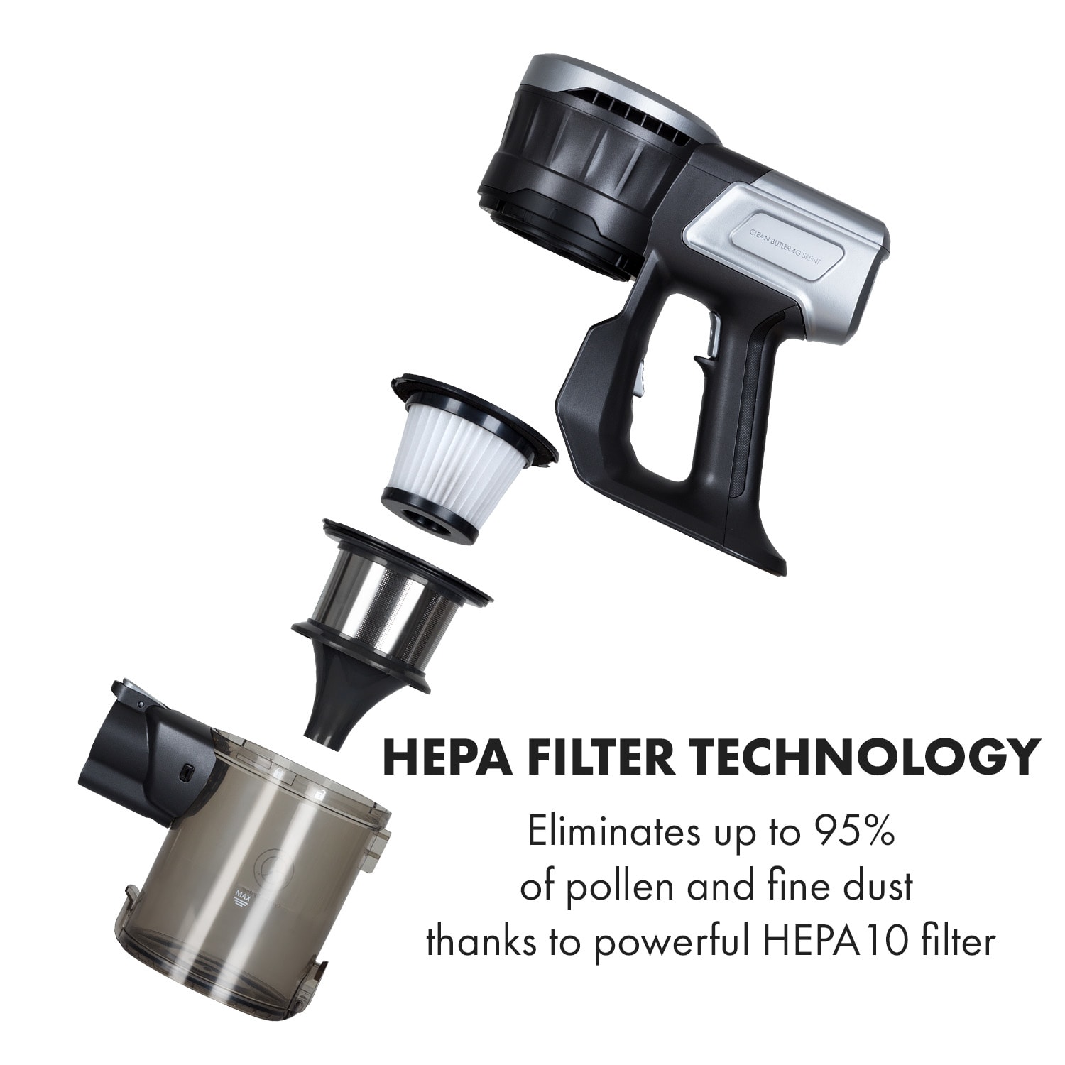 Clean Butler 4G Silent, akumulátorový vysávač, 16 kPa, 0,8 l, HEPA10, čierny Čierna
