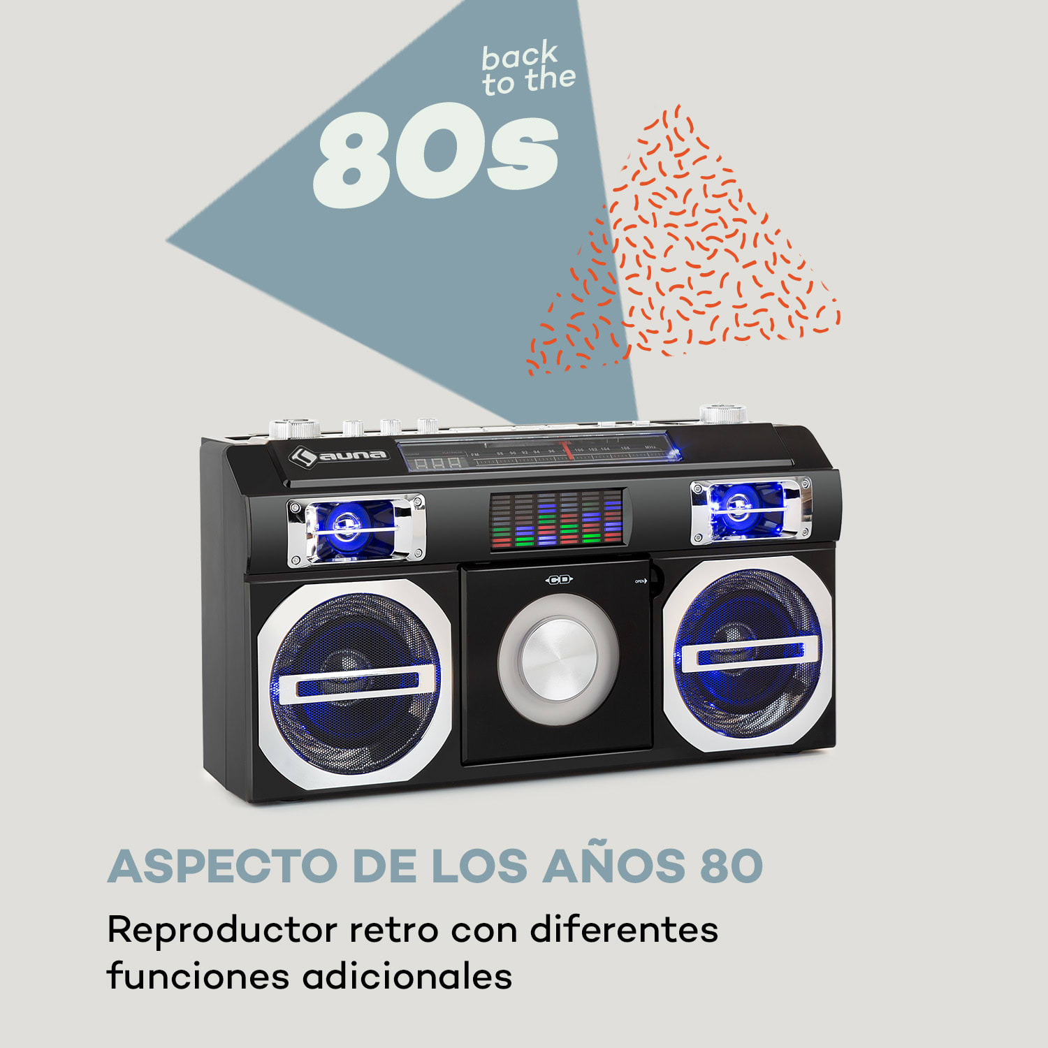 Oldschool 80's Reproductor retro de CD BT USB MP3 FM Antena telescópica Batería Negro 