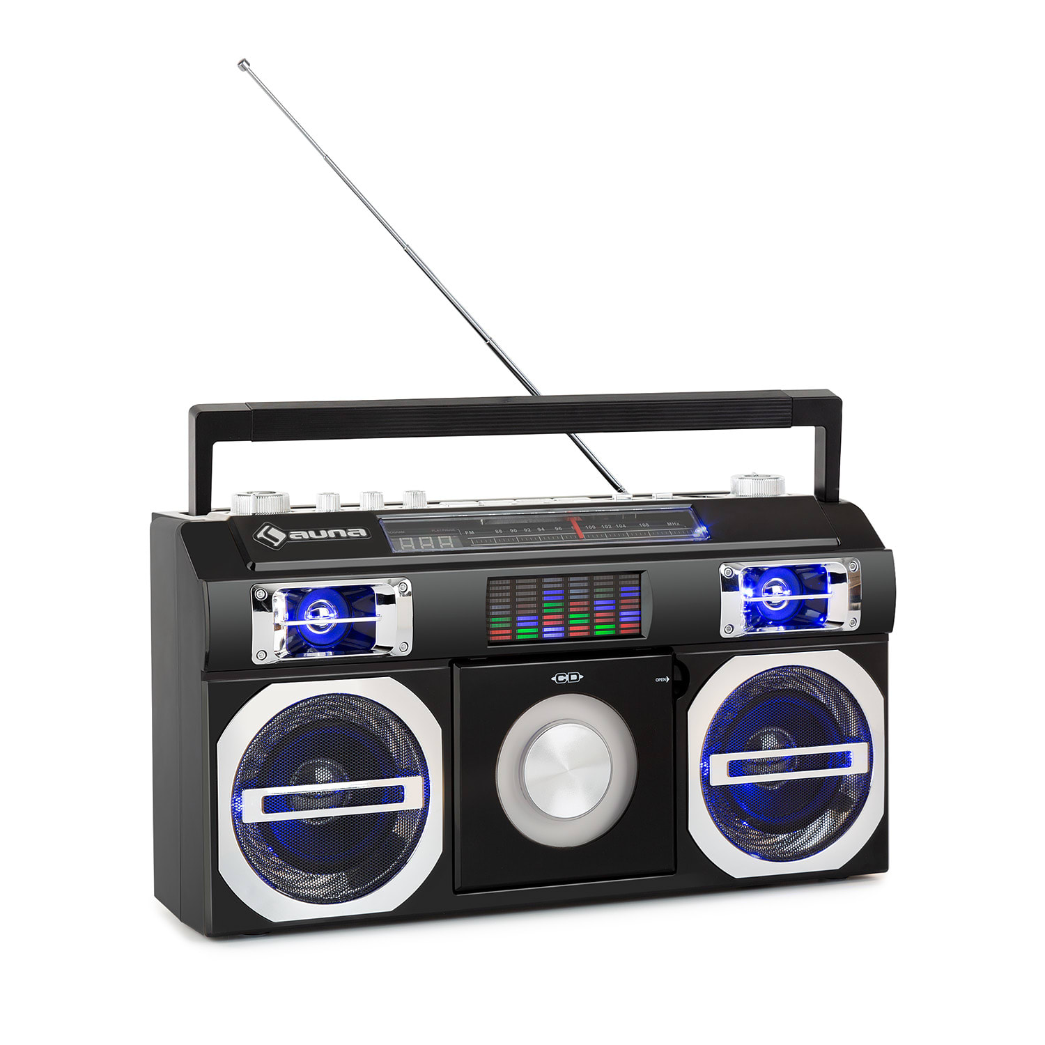 Oldschool 80's Reproductor retro de CD BT USB MP3 FM Antena telescópica Batería Negro 