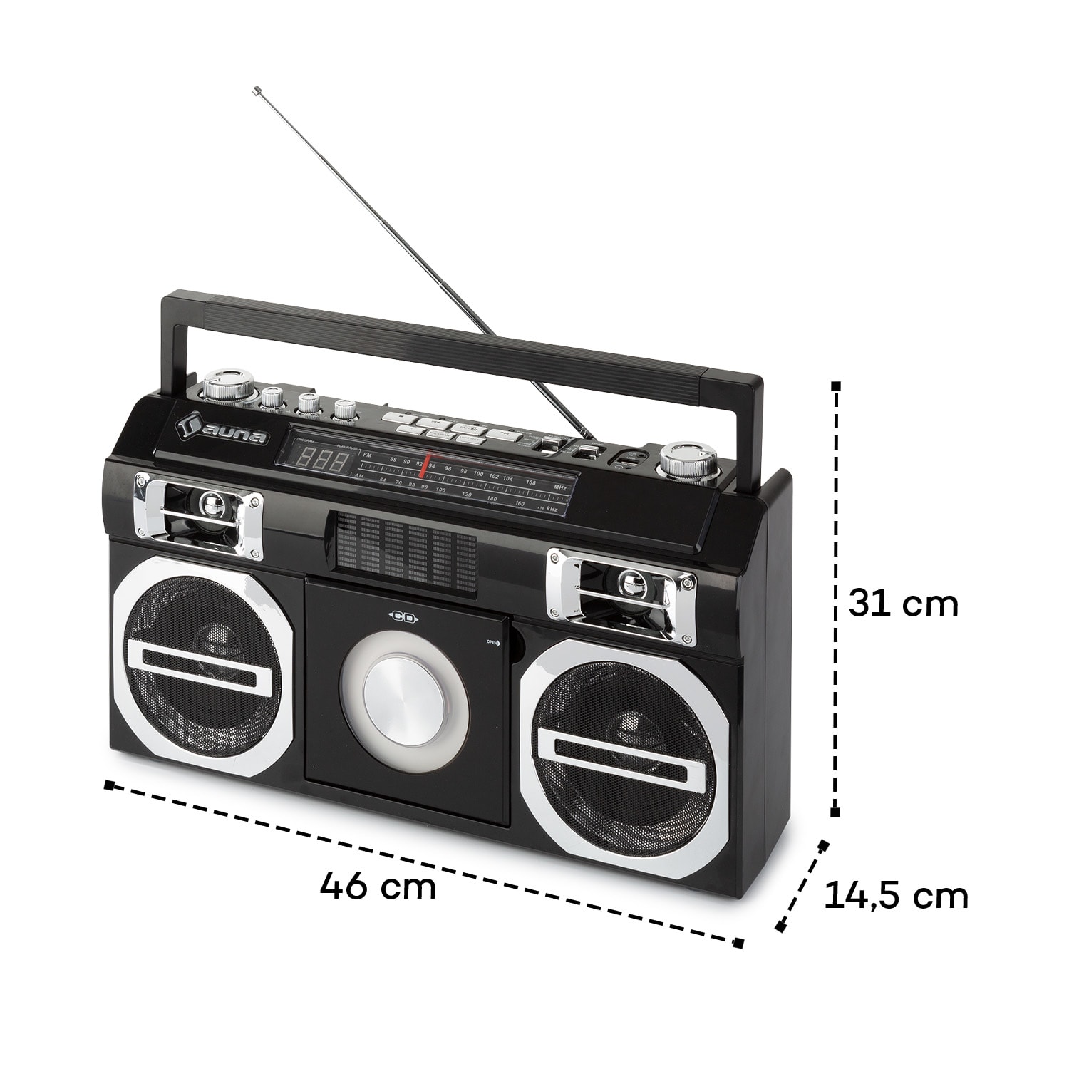 Oldschool 80's Reproductor retro de CD BT USB MP3 FM Antena telescópica Batería Negro 