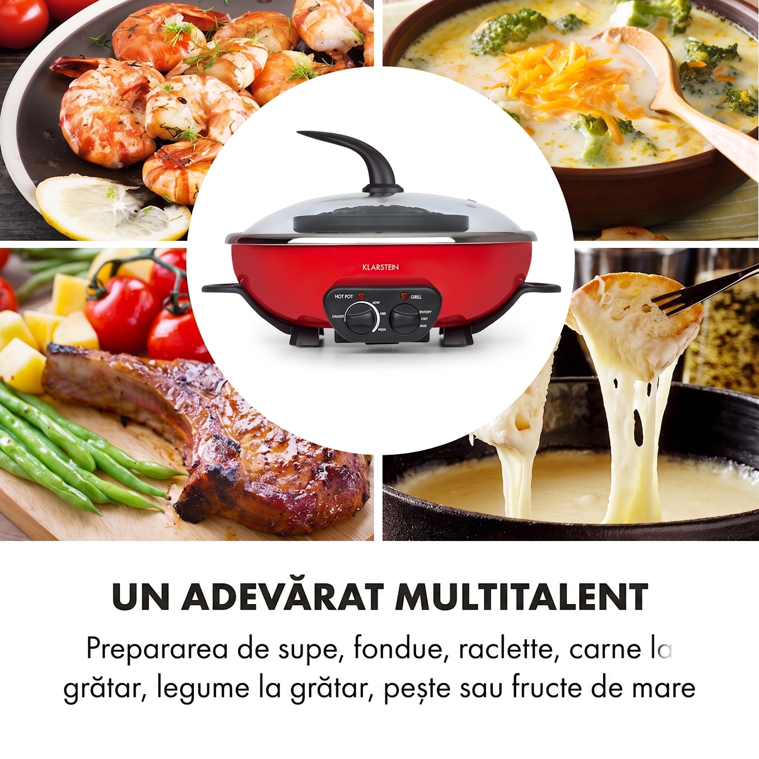 Szechuan, hot pot și grătar, volum de 5 l, 1350 W, 600 W, roșu Roșu