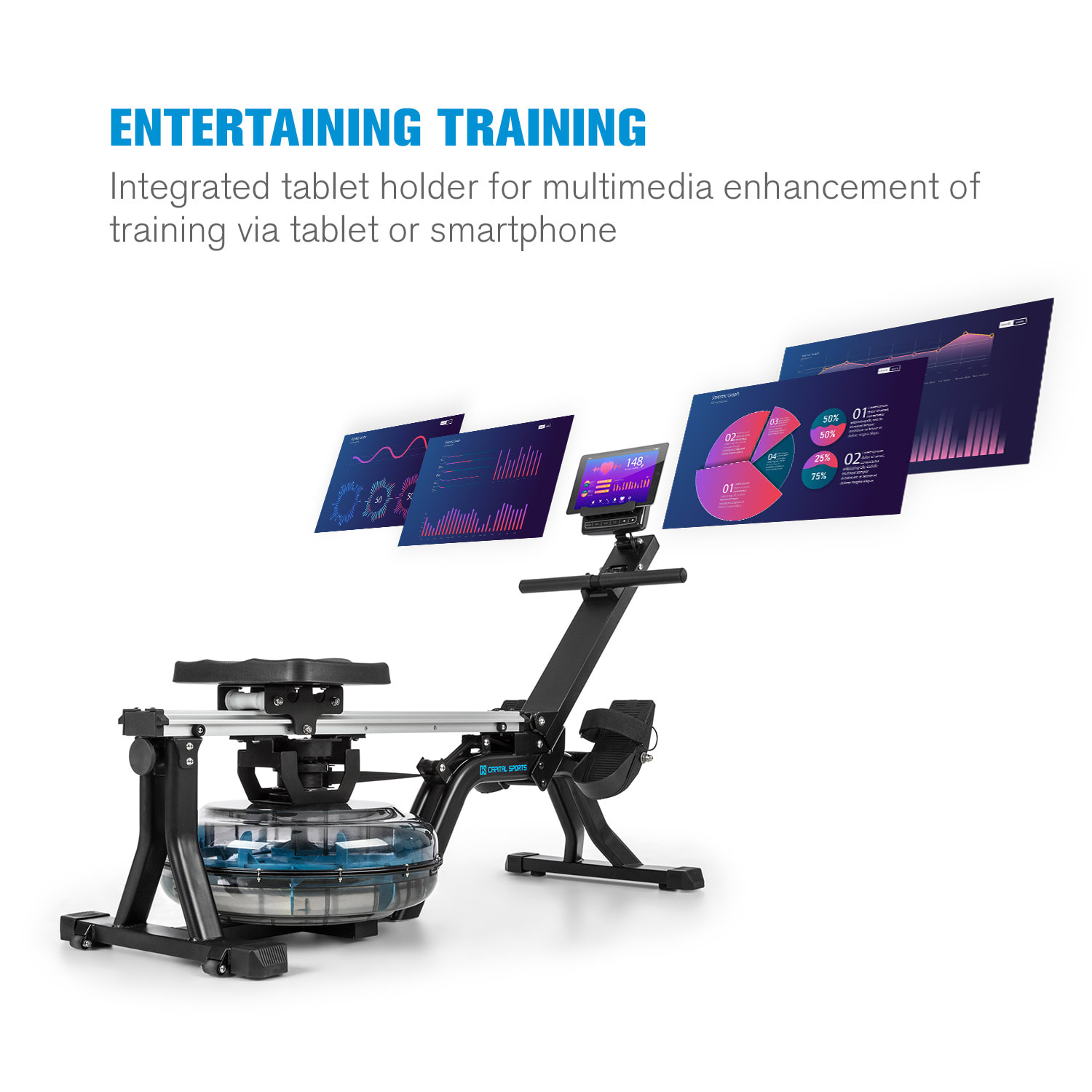 Flow M1, sprava za veslanje na vodu, prostorno-štedljiva, trening računalo, do 150 kg Crna