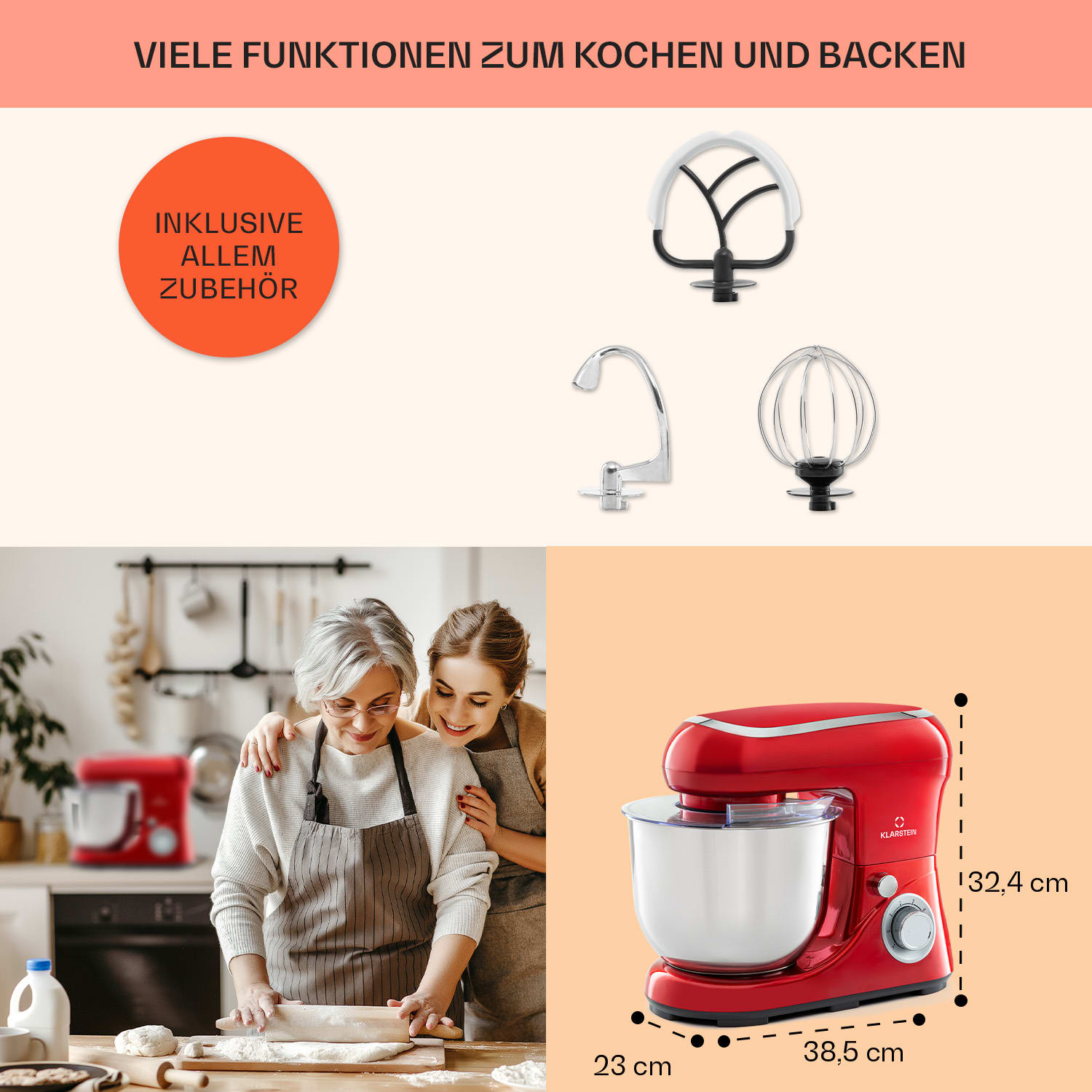 Bella Pico 2G Küchenmaschine 1300W 1,7PS 6 Stufen 5 Liter Rot