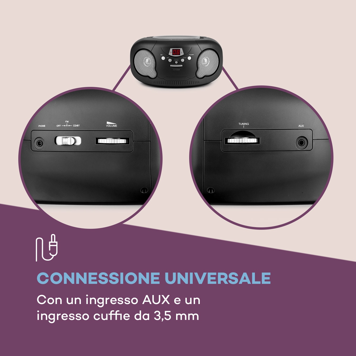 Black Bonbon CD Boombox Lettore CD BT FM AUX-IN Schermo LED nero 