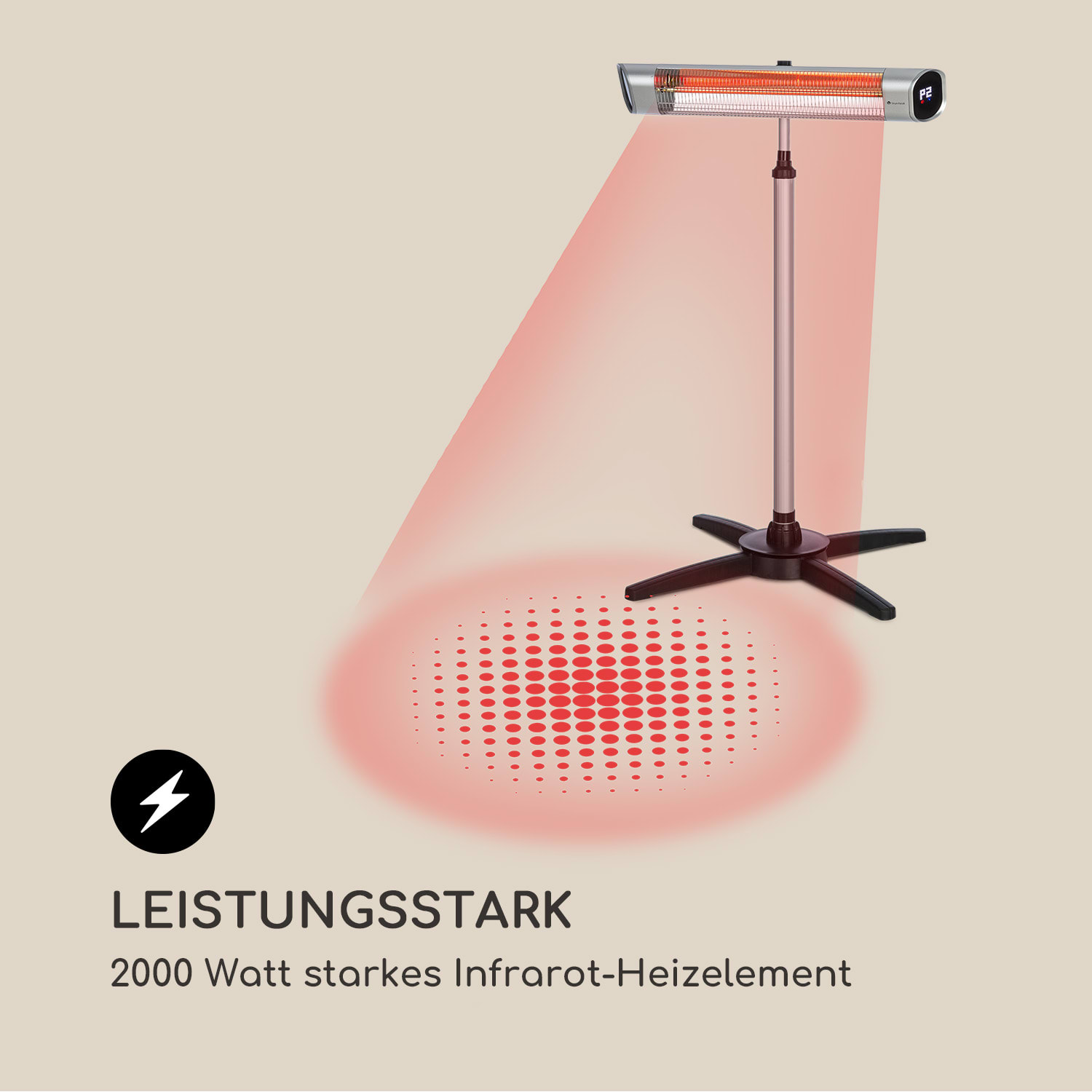 Dark Wave Stand Infrarot-Heizstrahler 2000W Goldbeschichtete Carbonröhre IP65 Standfuß Stehend