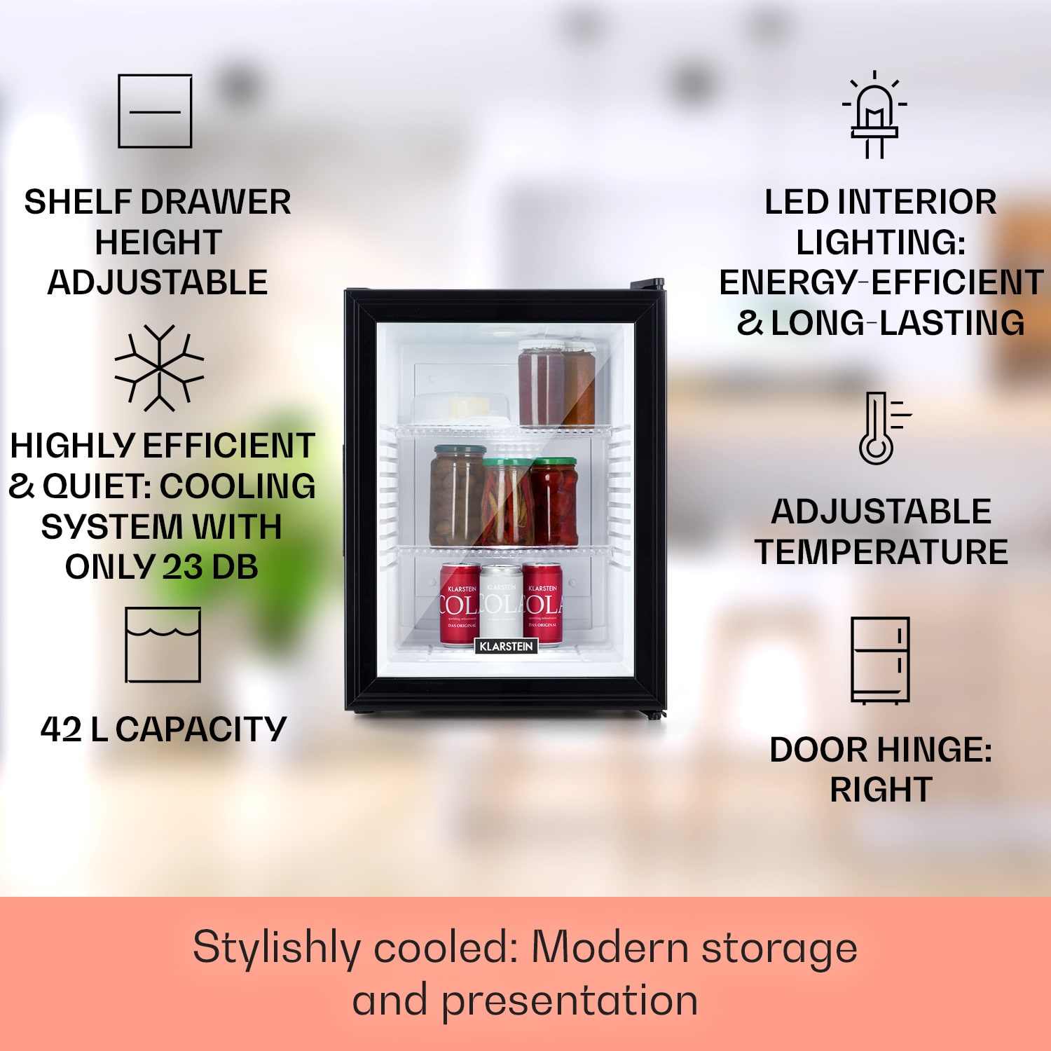 Brooklyn 42, mini hűtőszekrény, üvegajtó, LED világítás, polcok 