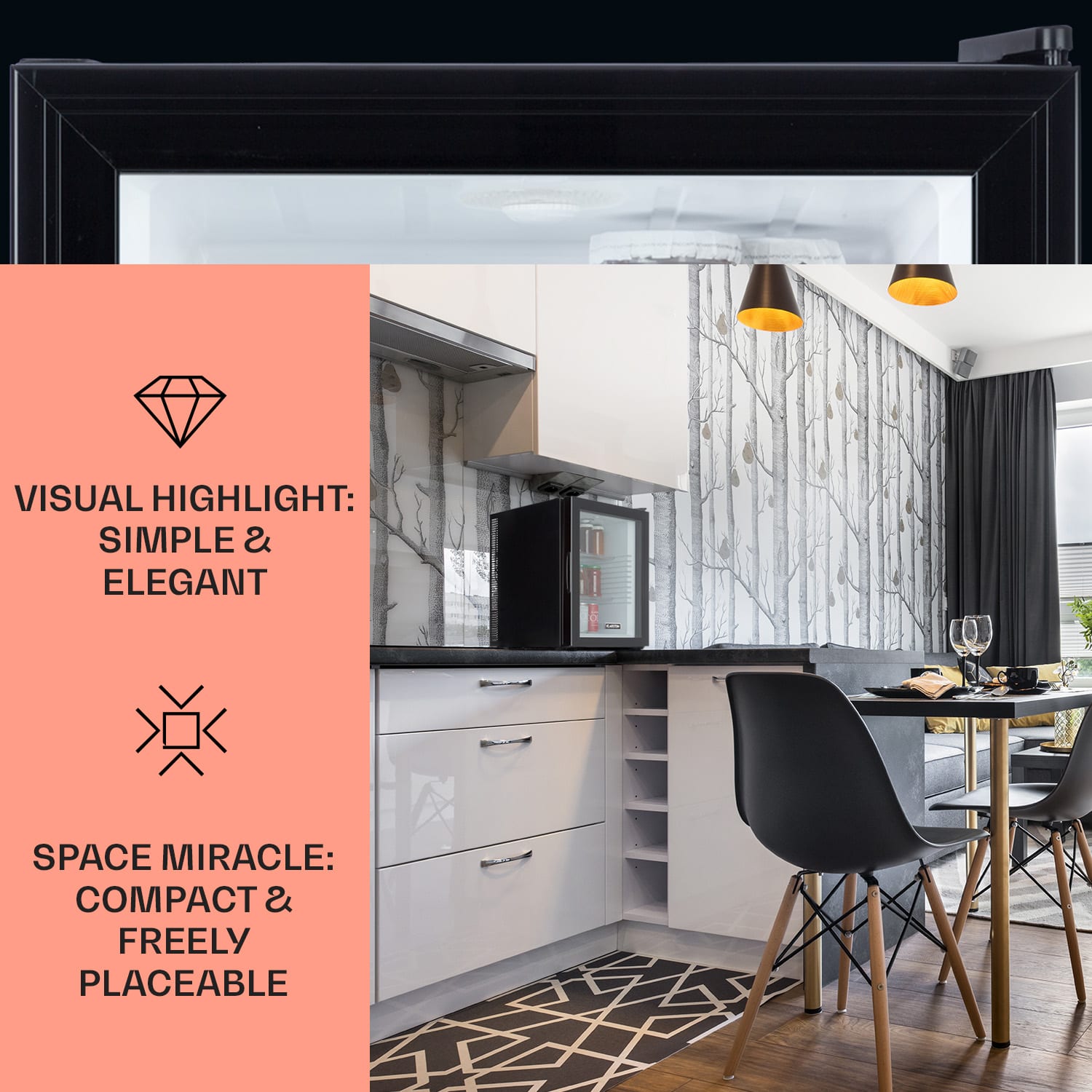 Brooklyn 42, mini hűtőszekrény, üvegajtó, LED világítás, polcok 