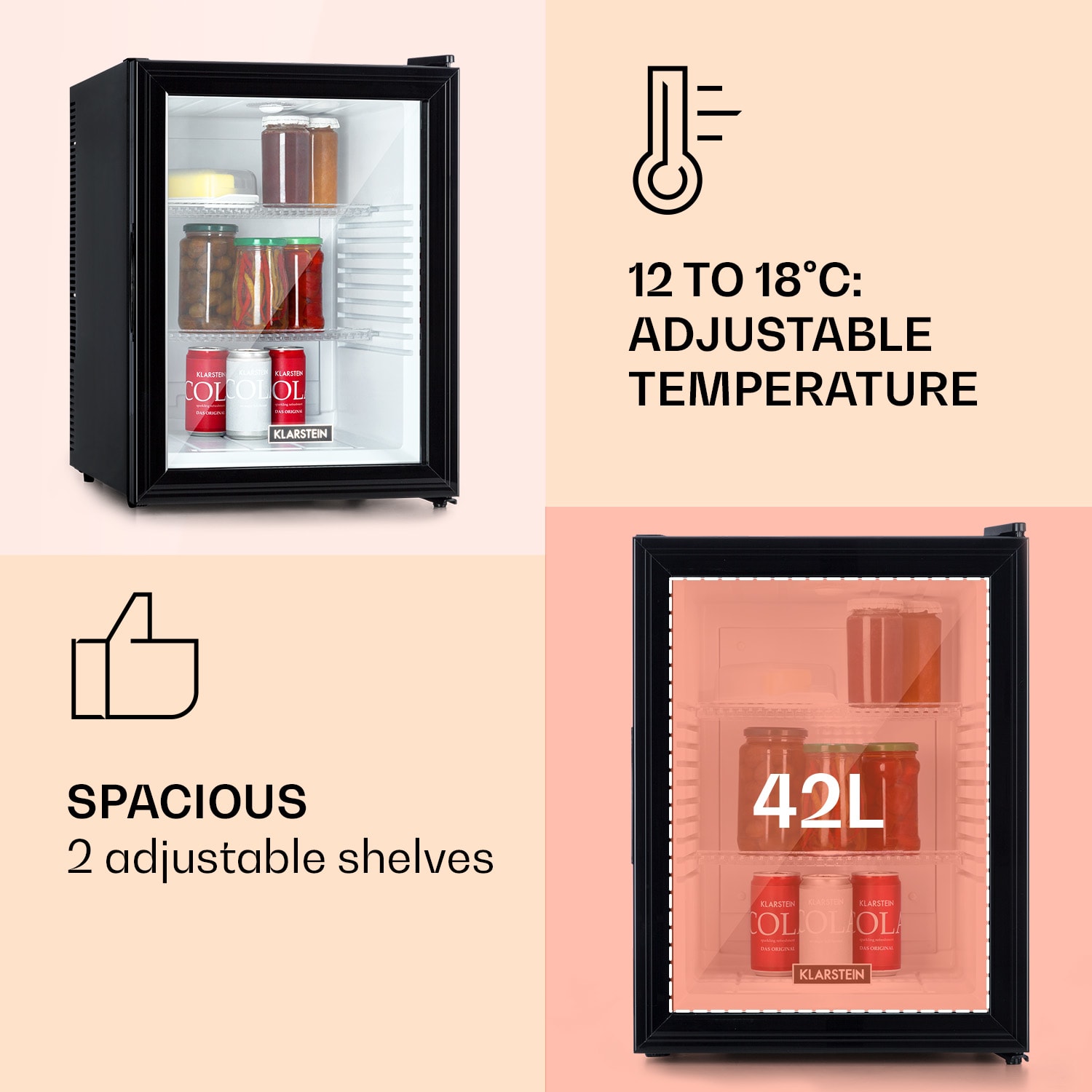 Brooklyn 42, mini hűtőszekrény, üvegajtó, LED világítás, polcok 