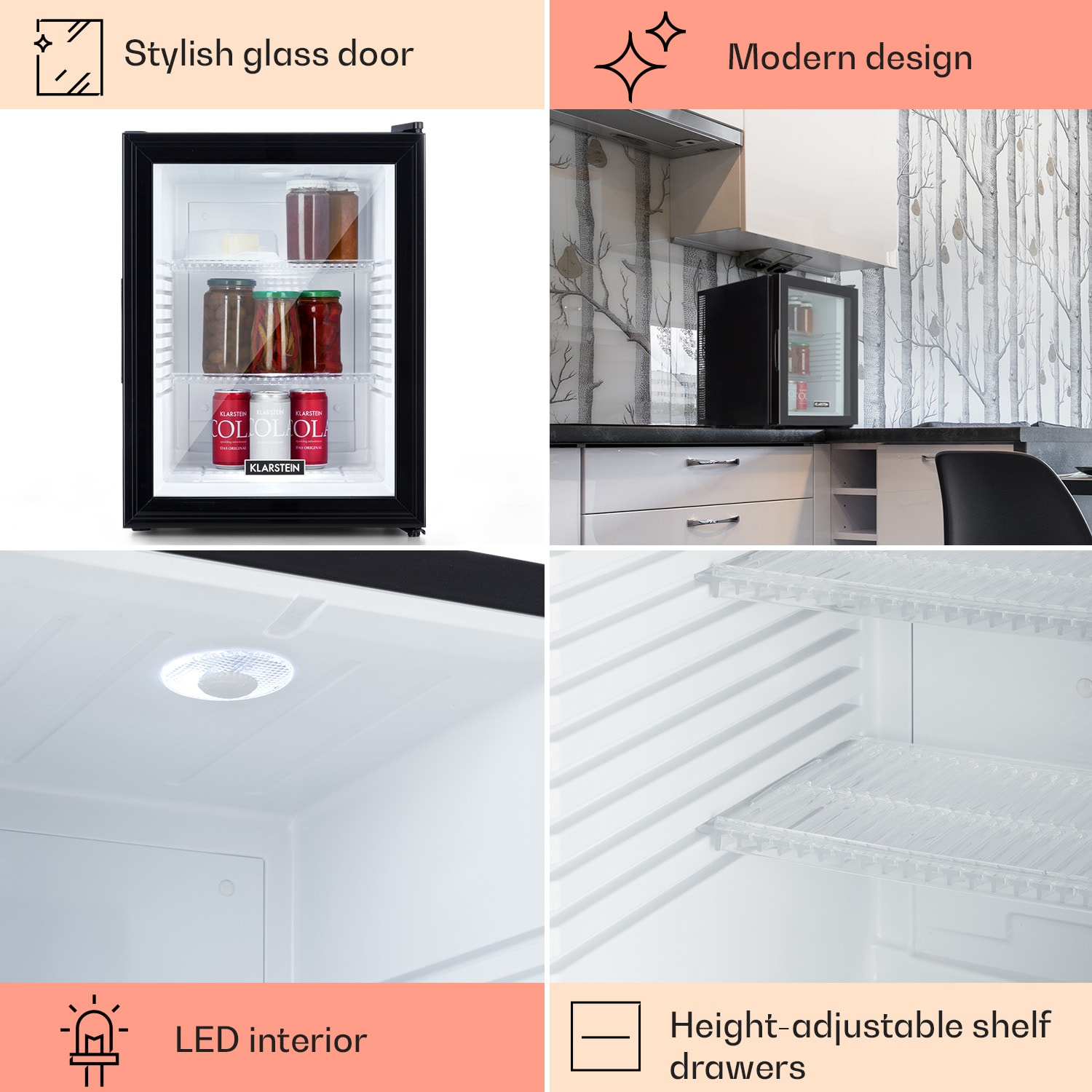 Brooklyn 42, mini hűtőszekrény, üvegajtó, LED világítás, polcok 