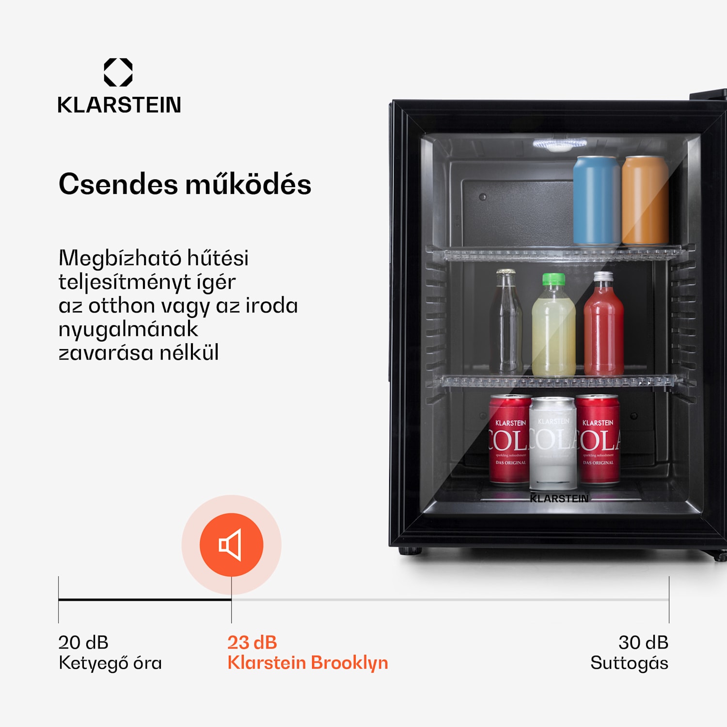 Brooklyn 42, mini hűtőszekrény, üvegajtó, LED világítás, polcok 42 L | Fekete | Fekete