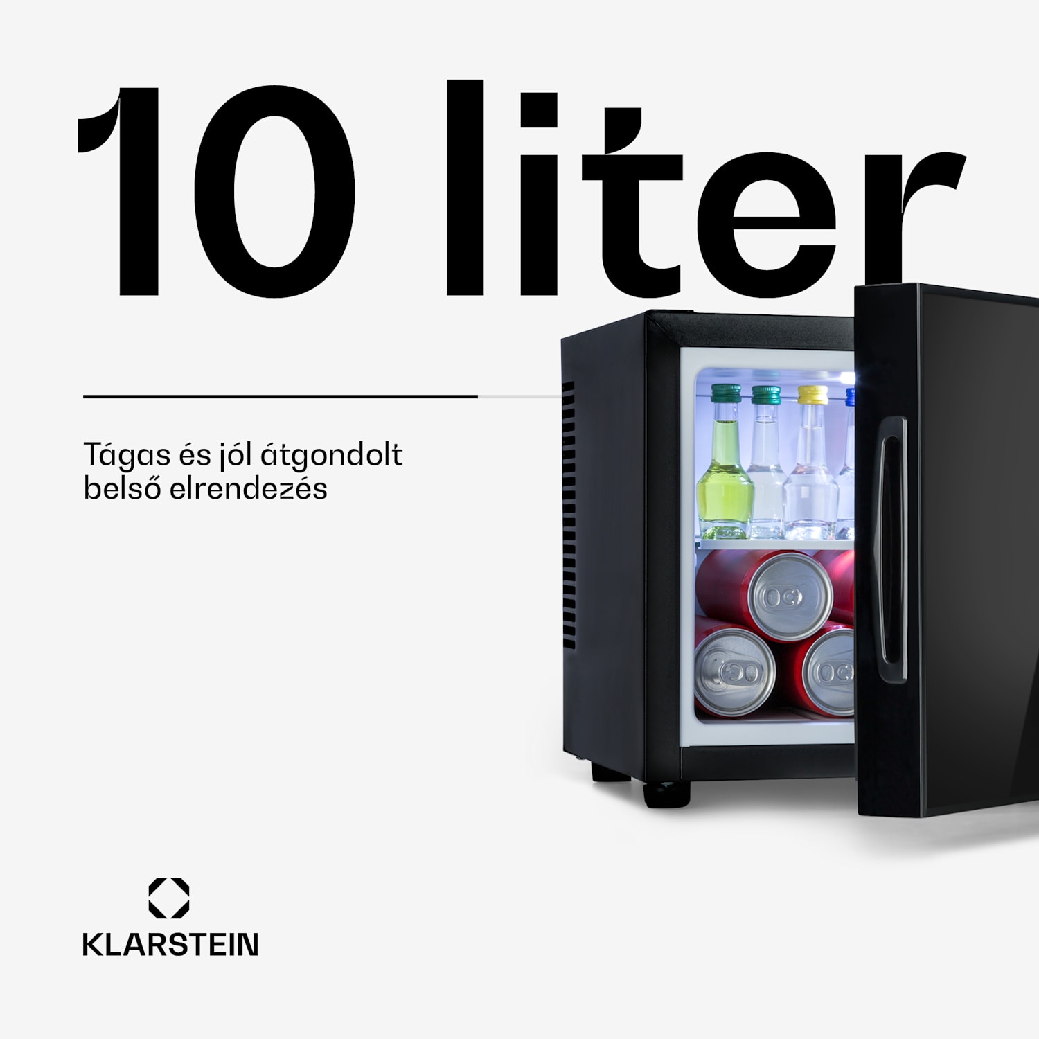 Frosty, mini hűtőszekrény, 10 liter, A energiahatékonysági osztály, tükörüveg ajtó, fekete 