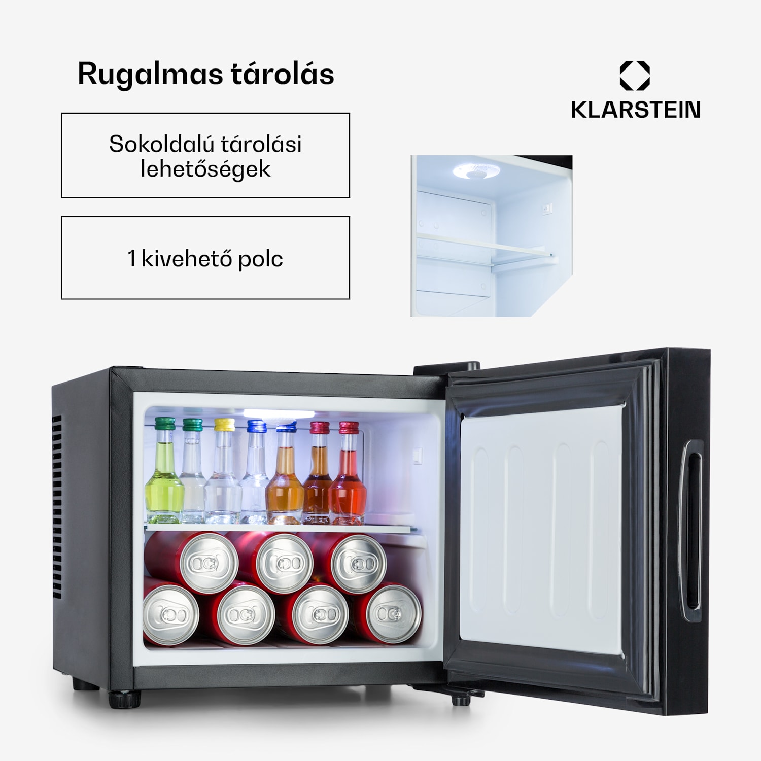 Frosty, mini hűtőszekrény, 10 liter, A energiahatékonysági osztály, tükörüveg ajtó, fekete 