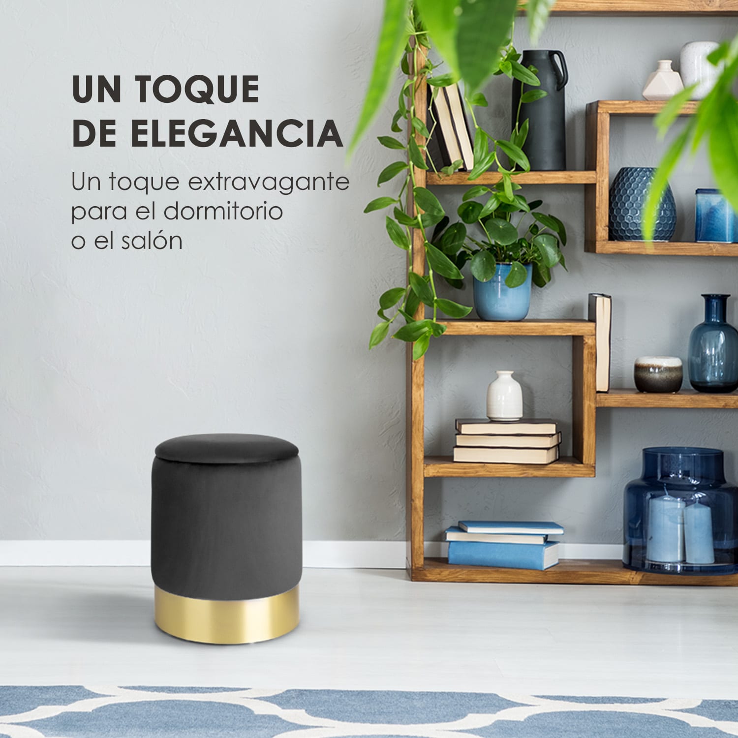 Gigi Taburete revestido de 38x31cm (AltoxØ) Compartimento interior Terciopelo Negro Negro