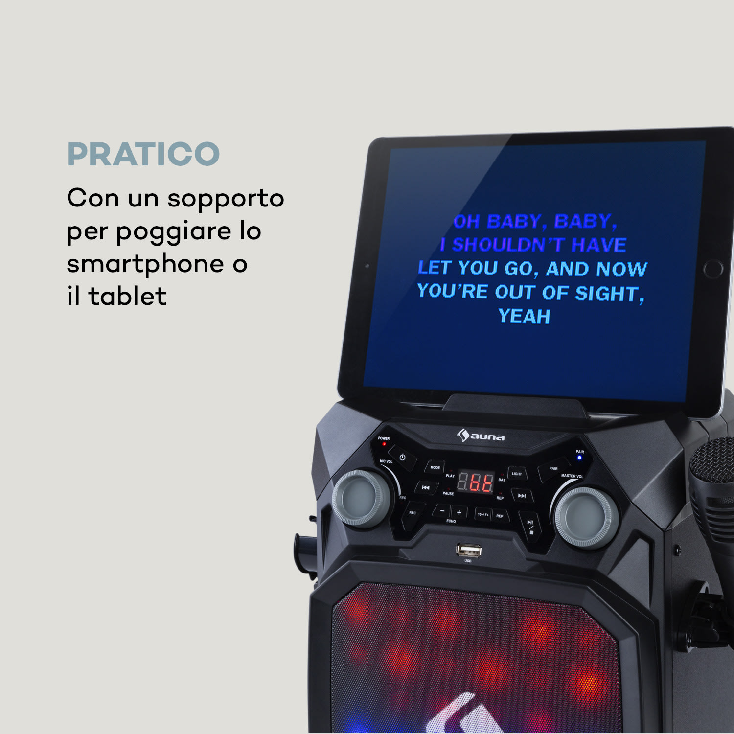 Rockstar LightShow Impianto Karaoke BT USB Line-In/Out 2 x 6,3mm nero 