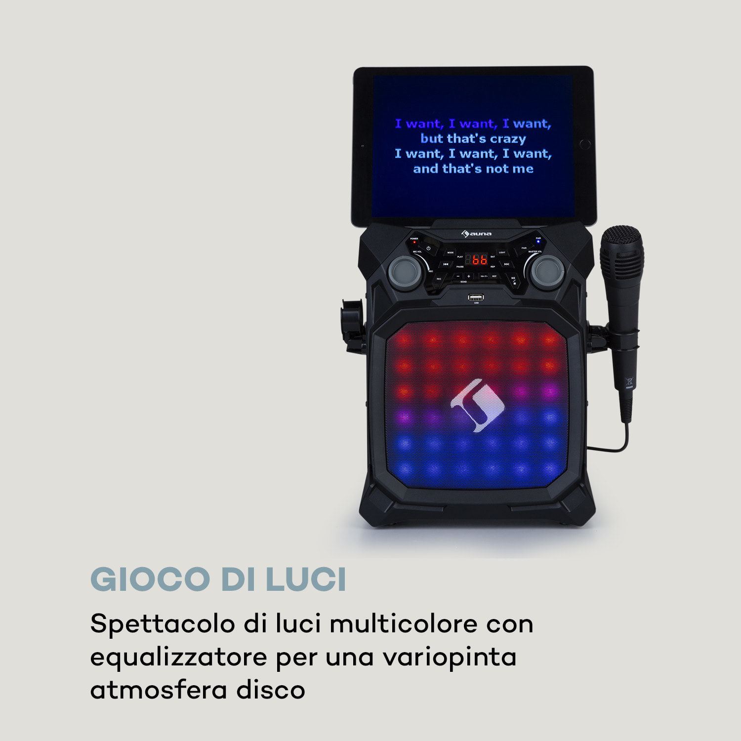 Rockstar LightShow Impianto Karaoke BT USB Line-In/Out 2 x 6,3mm nero 