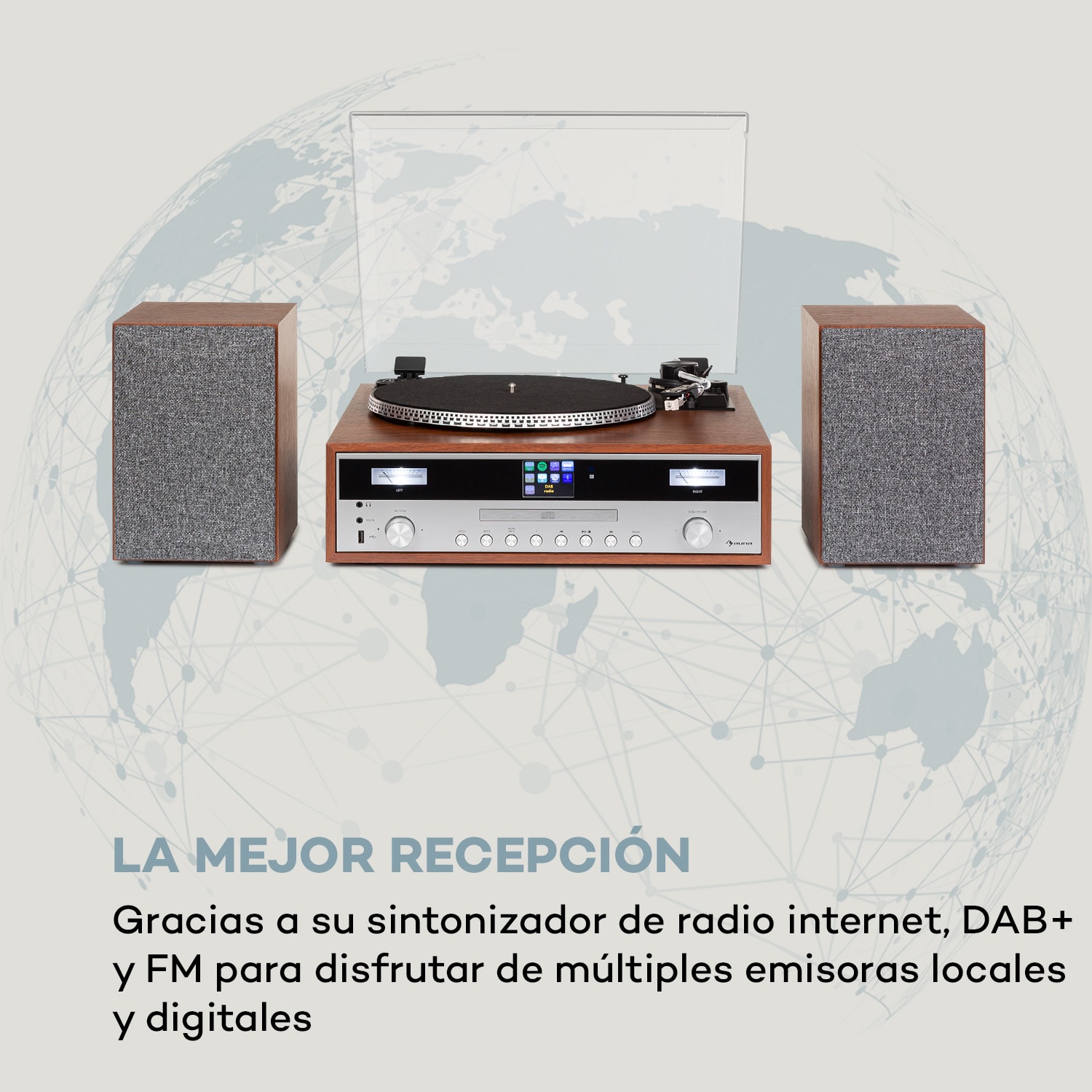 Birmingham Sistema estéreo HiFi DAB+/FM BT-Función Vinilo CD USB AUX-In madera 