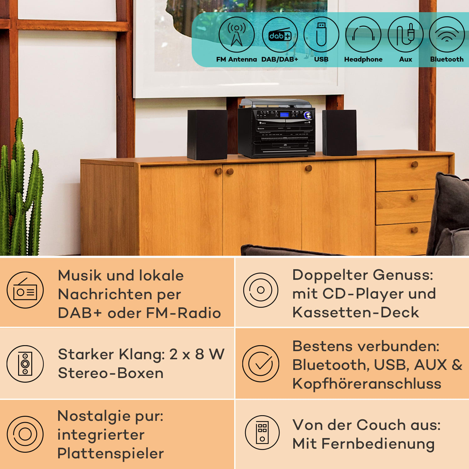 388-DAB+ Stereoanlage 20W max. Vinyl CD Kassette BT FM/DAB+ USB 