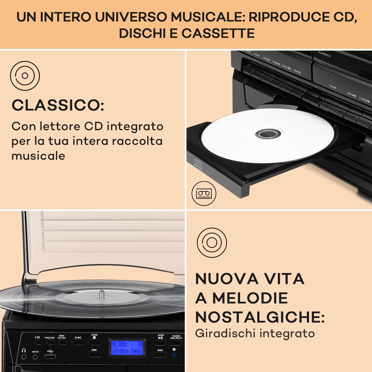 388-DAB+ Impianto Stereo 20W max. Vinile CD Cassette BT FM/DAB+ USB