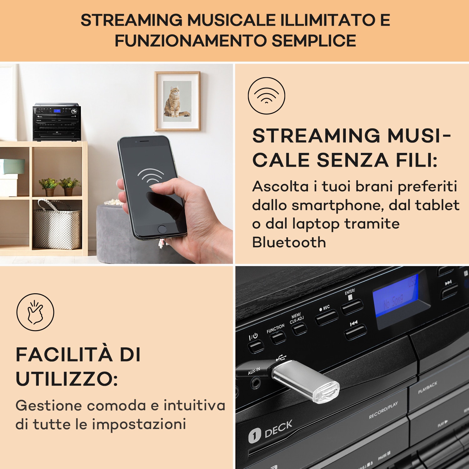 388-DAB+ Impianto Stereo 20W max. Vinile CD Cassette BT FM/DAB+ USB