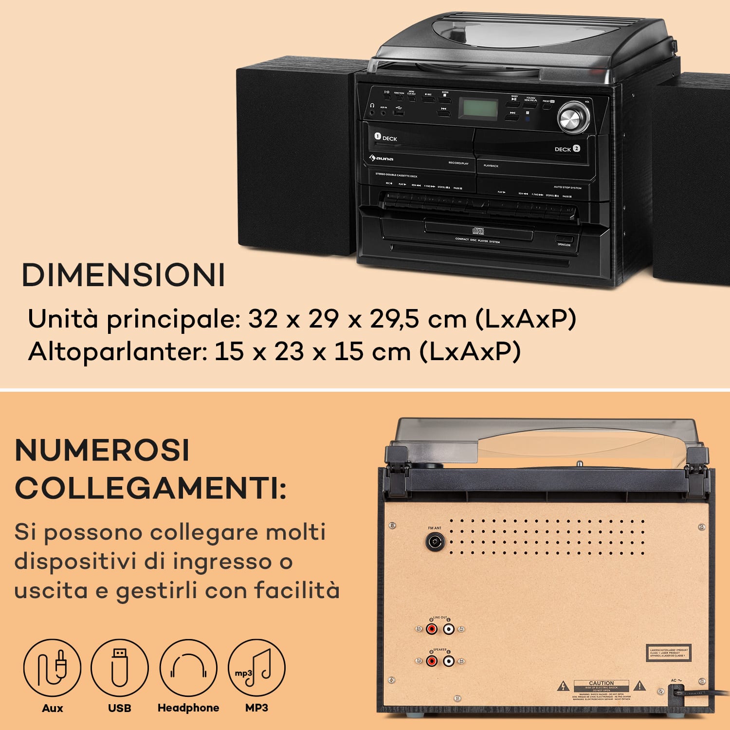 388-DAB+ Impianto Stereo 20W max. Vinile CD Cassette BT FM/DAB+ USB
