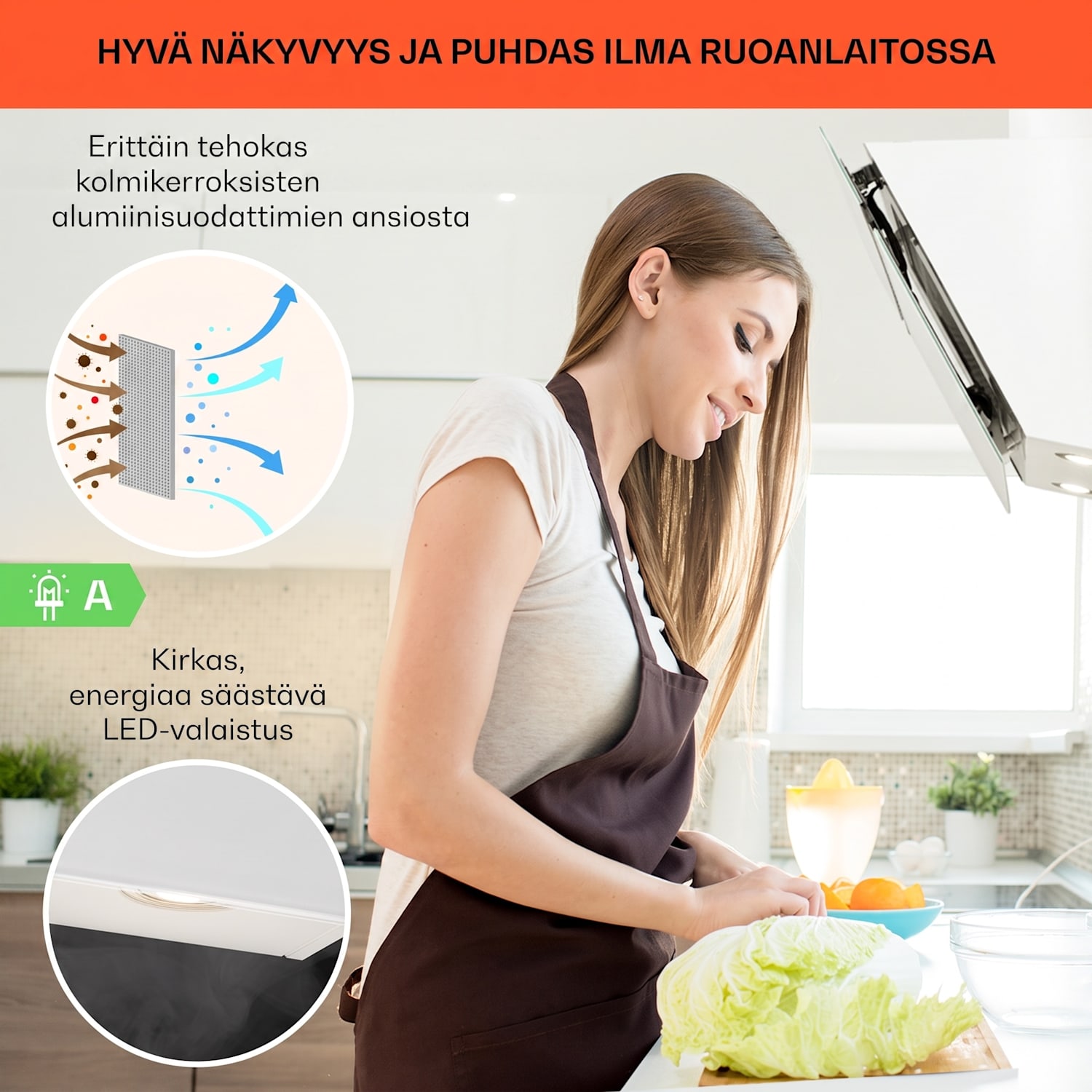 Alina liesituuletin 90 cm 600 m³/h tunnelmavalaistus lasinen etuseinä valkoinen 90 cm | Valkoinen