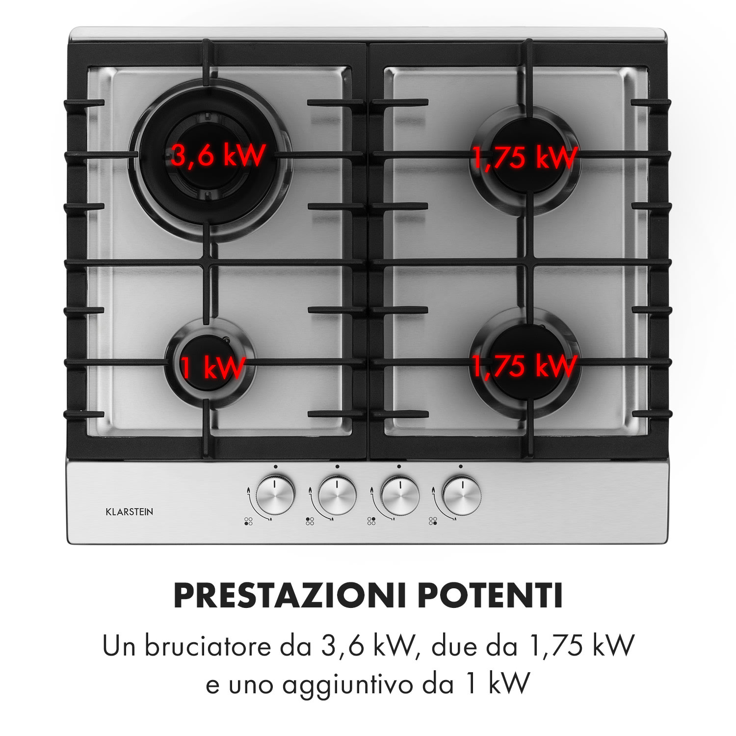 Ignito 4 Zone Fornello A Gas a Bruciatori 4 Fiamme Inox argento 60 cm | Argento