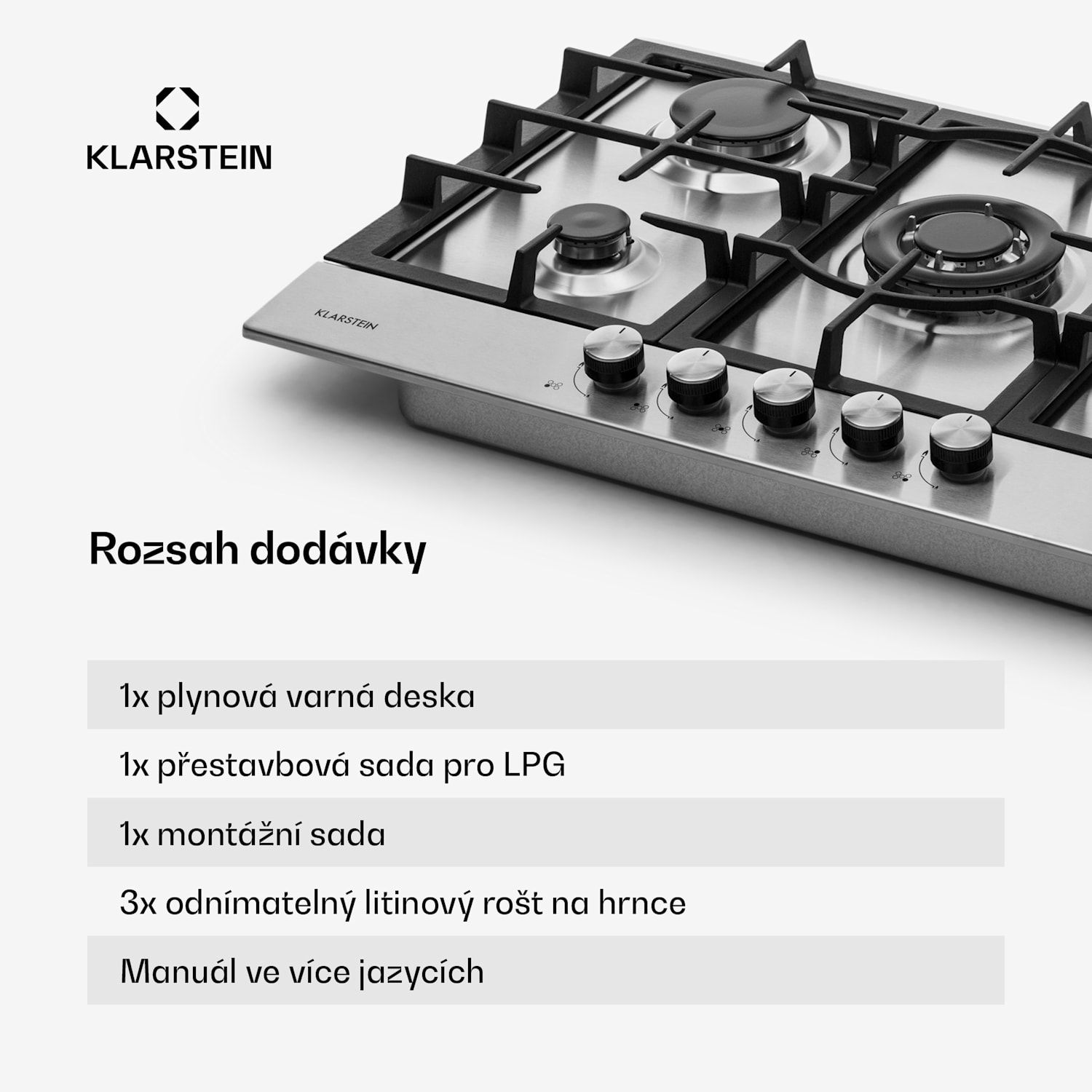 Ignito 5 Zonen, plynová varná deska, 5 hořáků Sabaf, nerezová ocel, stříbrná 75cm | Stříbrná