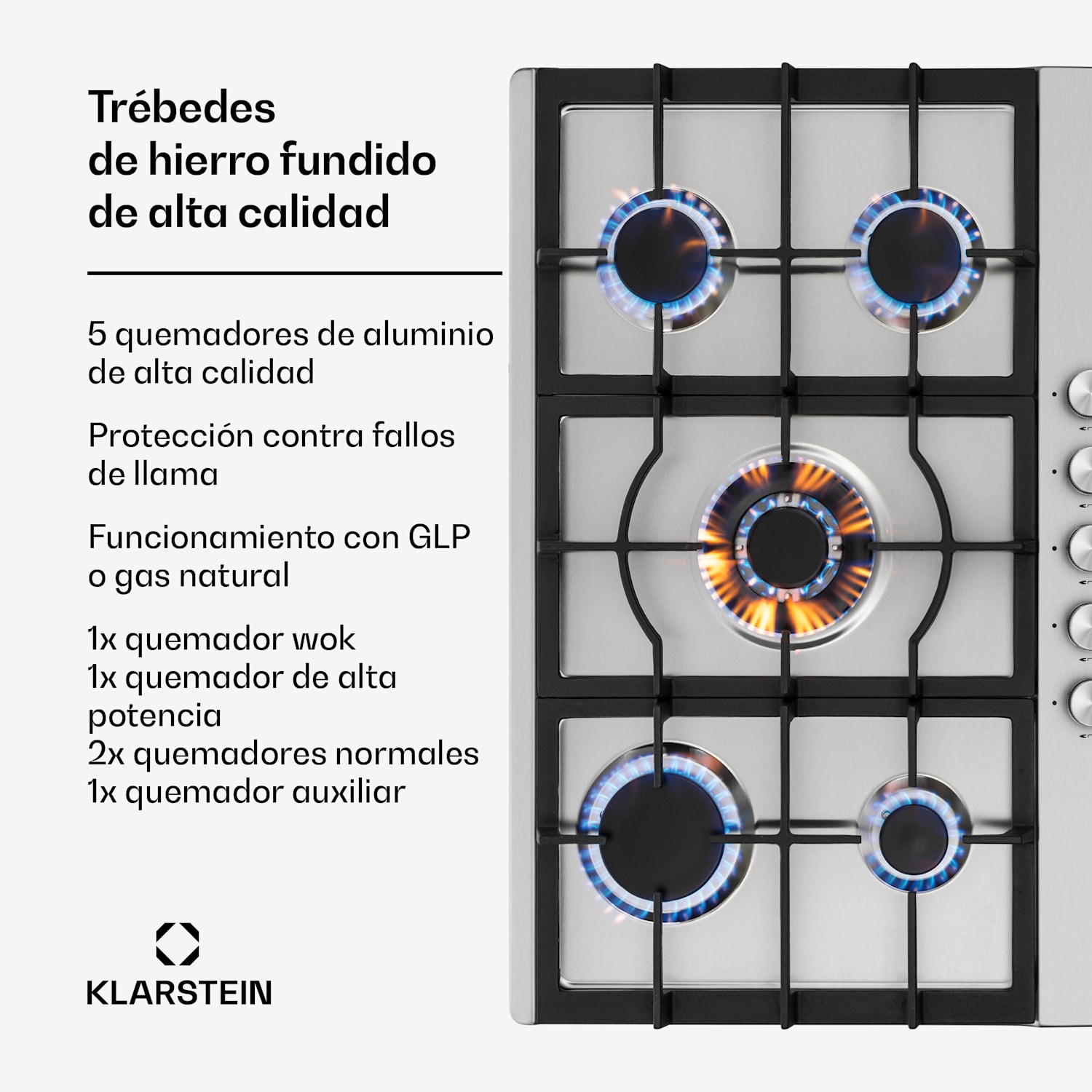 Ignito cocina a gas con 5 zonas 5 fogones acero inoxidable plateada 75 cm | Plata