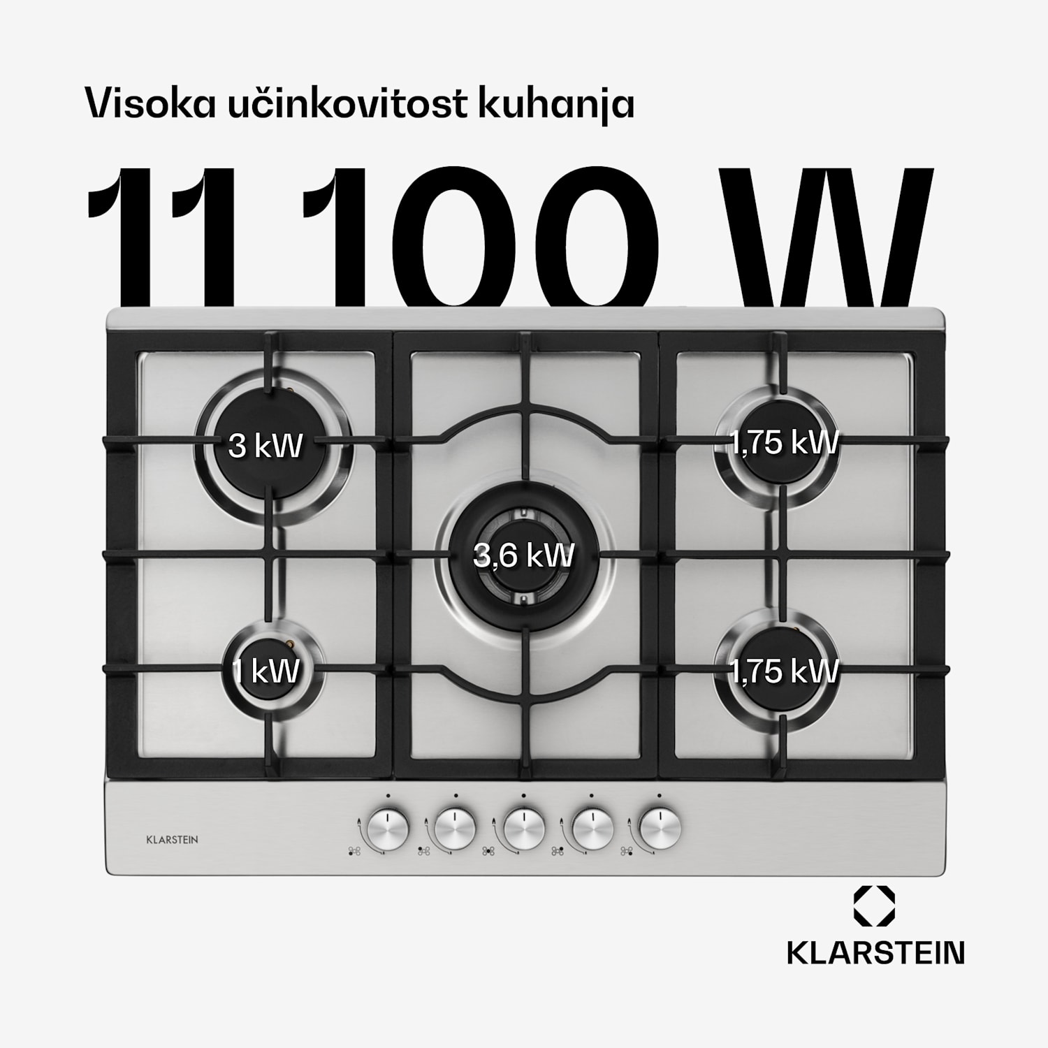 Ignito 5 Zonen, plinska ploča za kuhanje, 5 Sabaf plamenika, nehrđajući čelik, srebrna 75 cm | Srebro