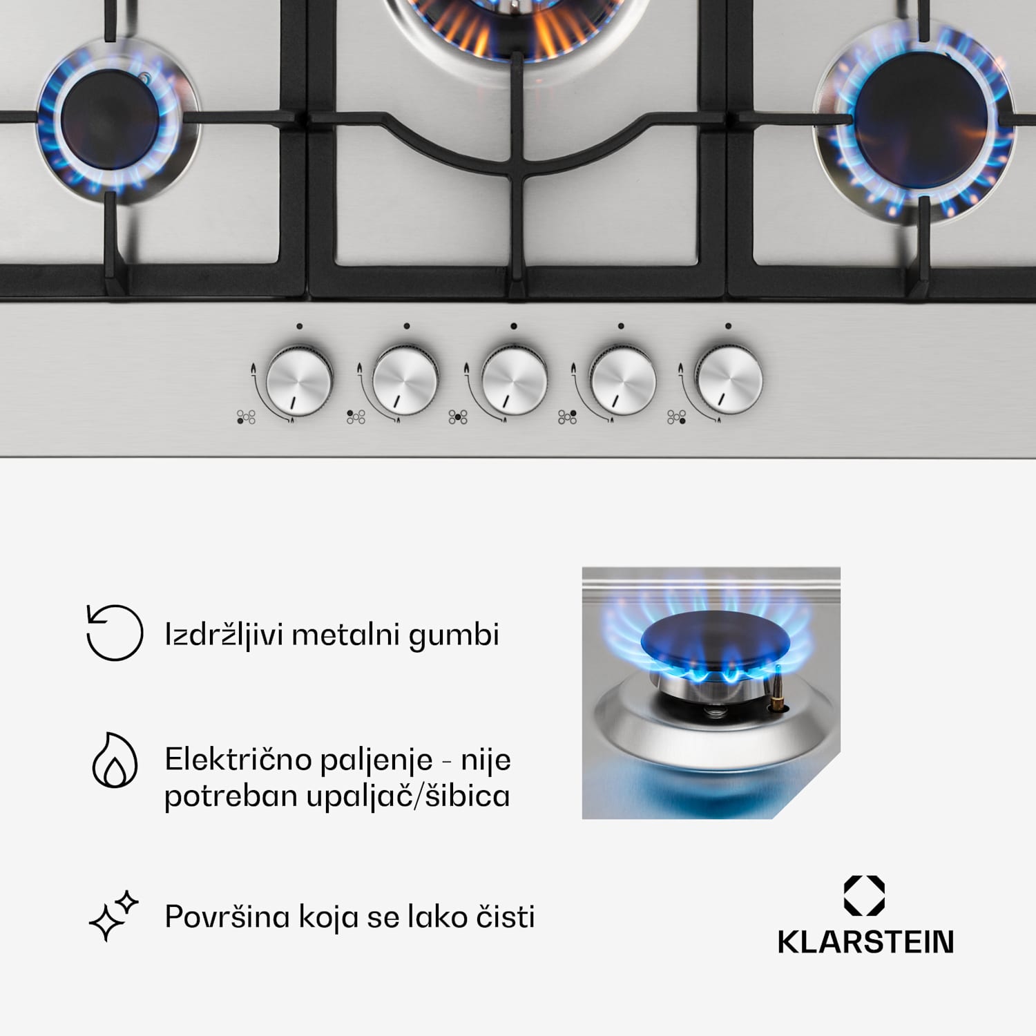 Ignito 5 Zonen, plinska ploča za kuhanje, 5 Sabaf plamenika, nehrđajući čelik, srebrna 75 cm | Srebro