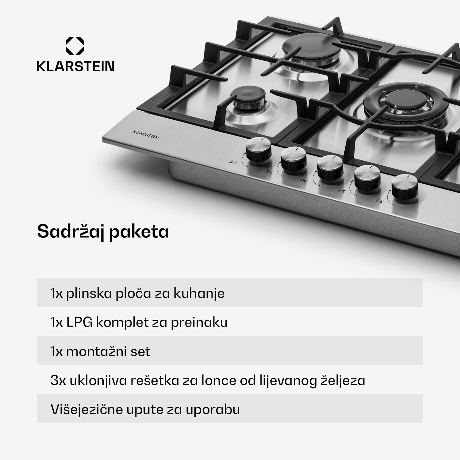 Ignito 5 Zonen, plinska ploča za kuhanje, 5 Sabaf plamenika, nehrđajući čelik, srebrna 75 cm | Srebro