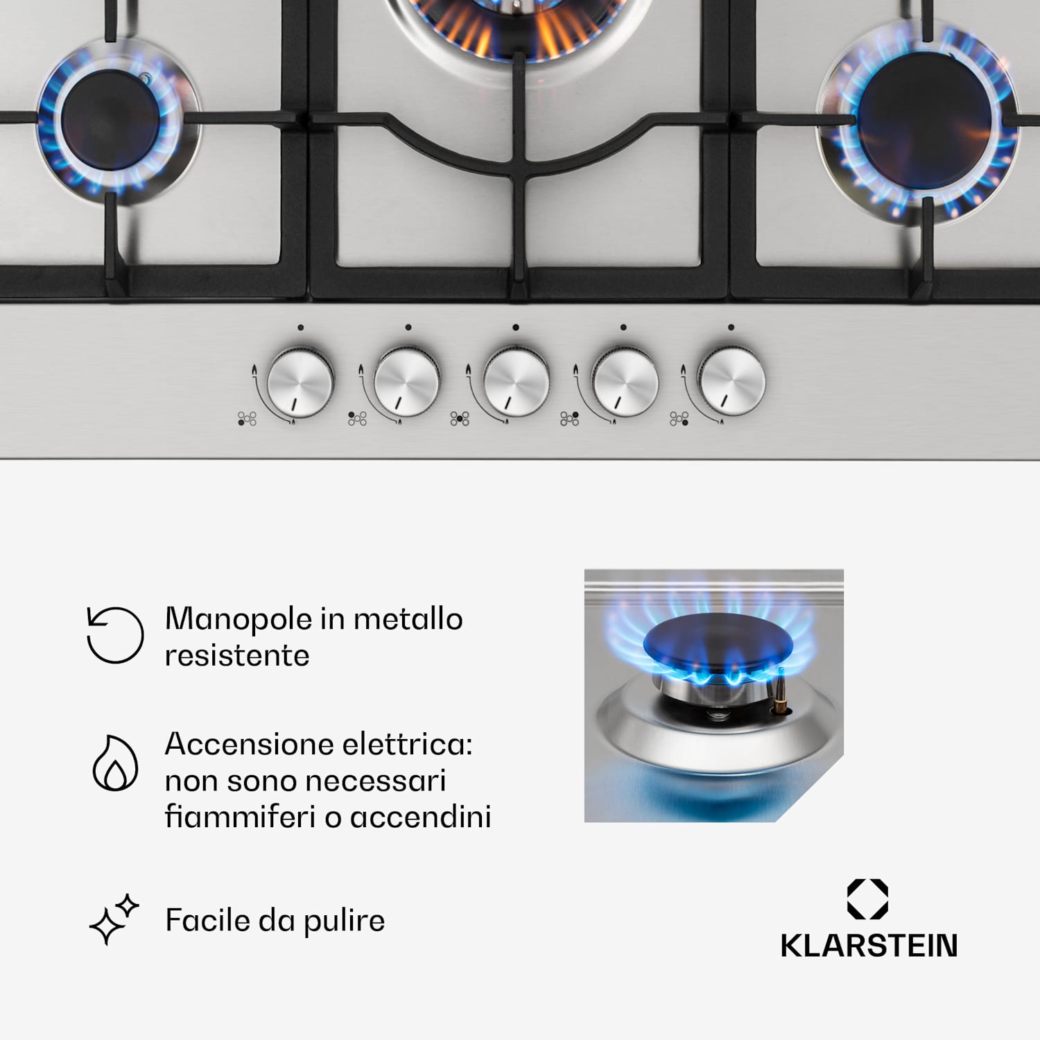 Ignito 5 Zone Fornello A Gas a Bruciatori 5 Fiamme Inox argento 75 cm | Argento