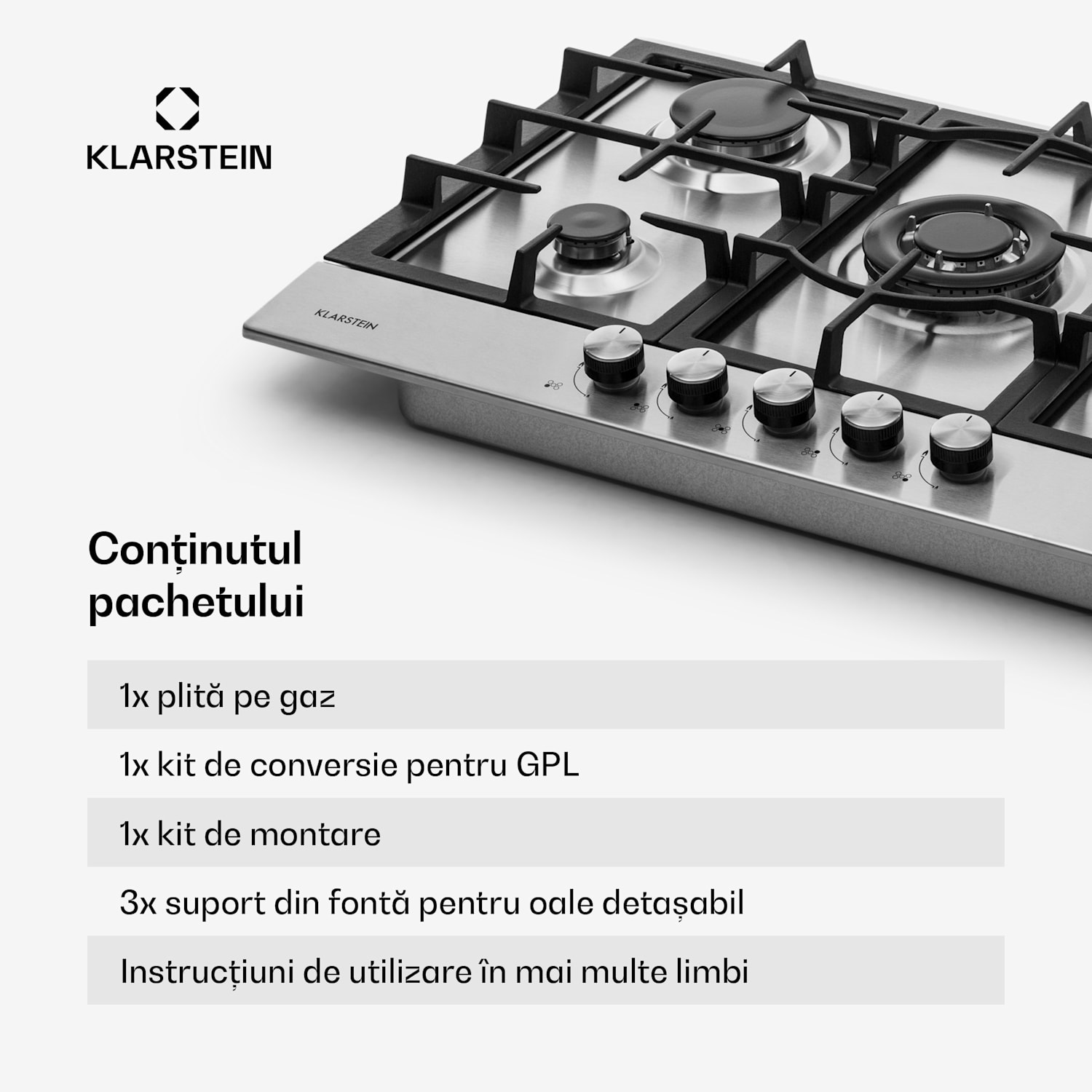 Ignito 5 Zonen, plită pe gaz, 5 arzătoare Sabaf, oțel inoxidabil, argintiu 75 cm | Argintiu