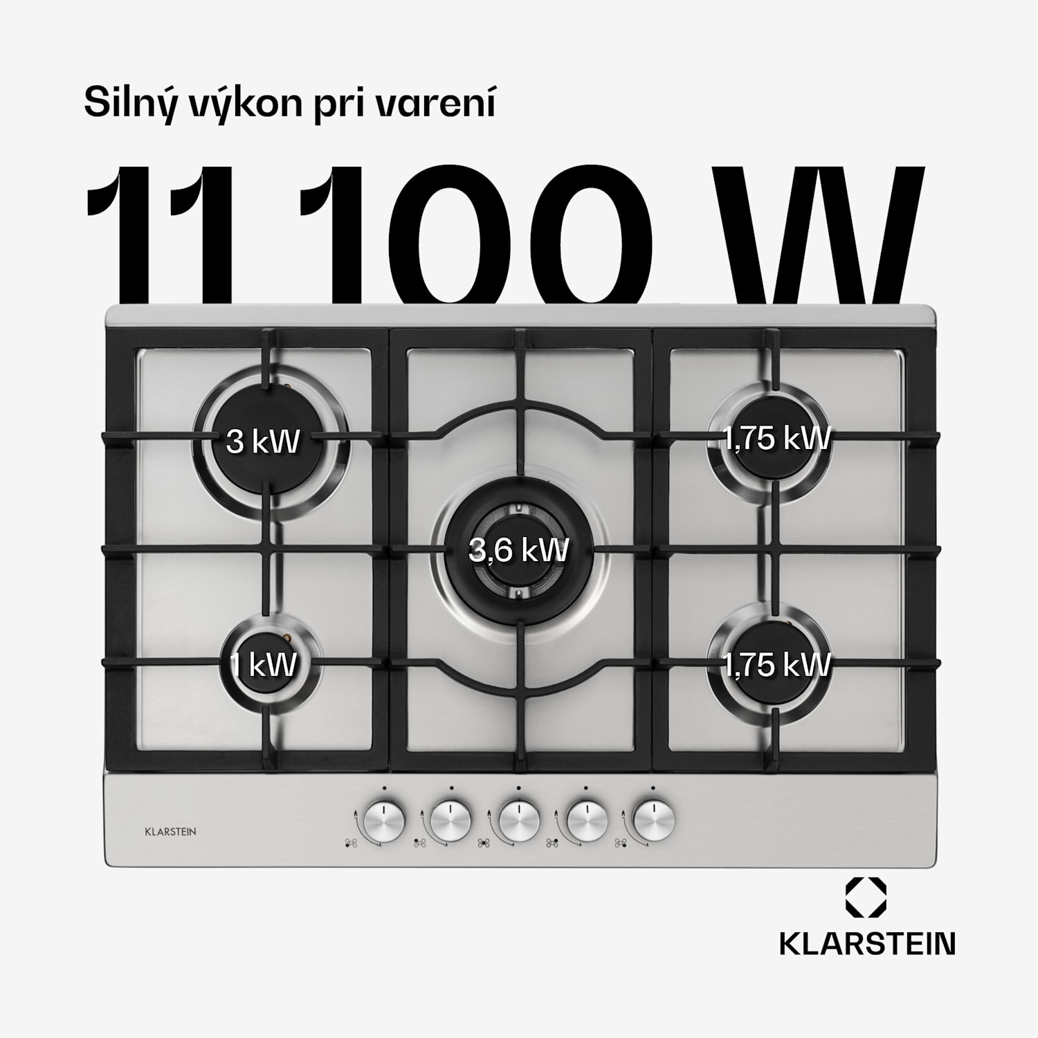 Ignito 5 Zonen, plynová varná doska, 5 Sabaf horákov, nehrdzavejúca oceľ, strieborná 75 cm | Strieborná