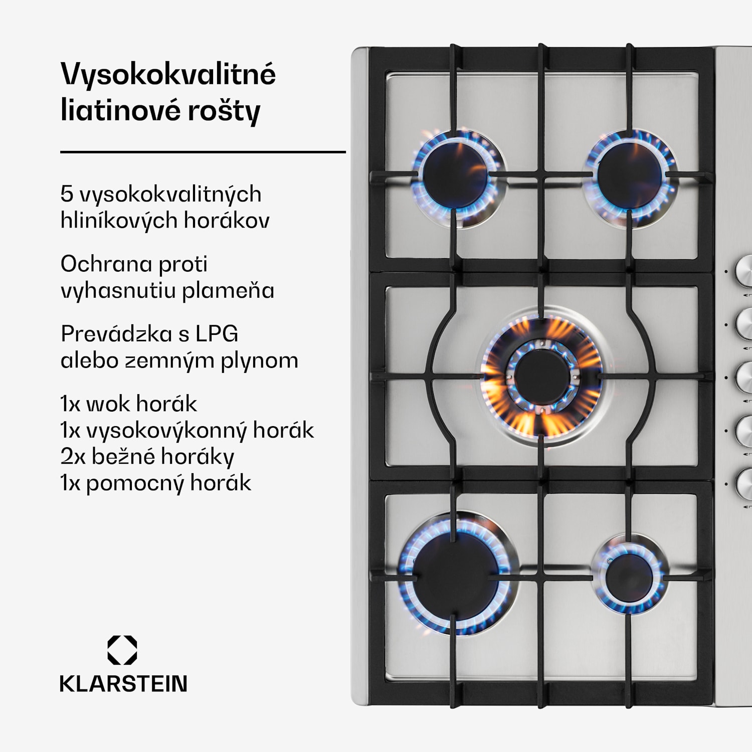 Ignito 5 Zonen, plynová varná doska, 5 Sabaf horákov, nehrdzavejúca oceľ, strieborná 75 cm | Strieborná