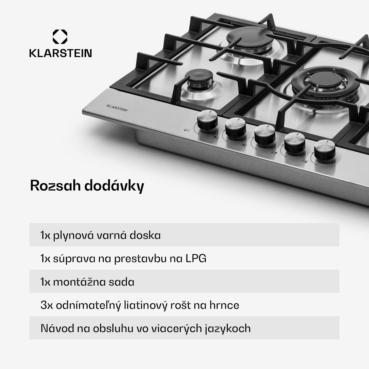 Ignito 5 Zonen, plynová varná doska, 5 Sabaf horákov, nehrdzavejúca oceľ, strieborná 75 cm | Strieborná