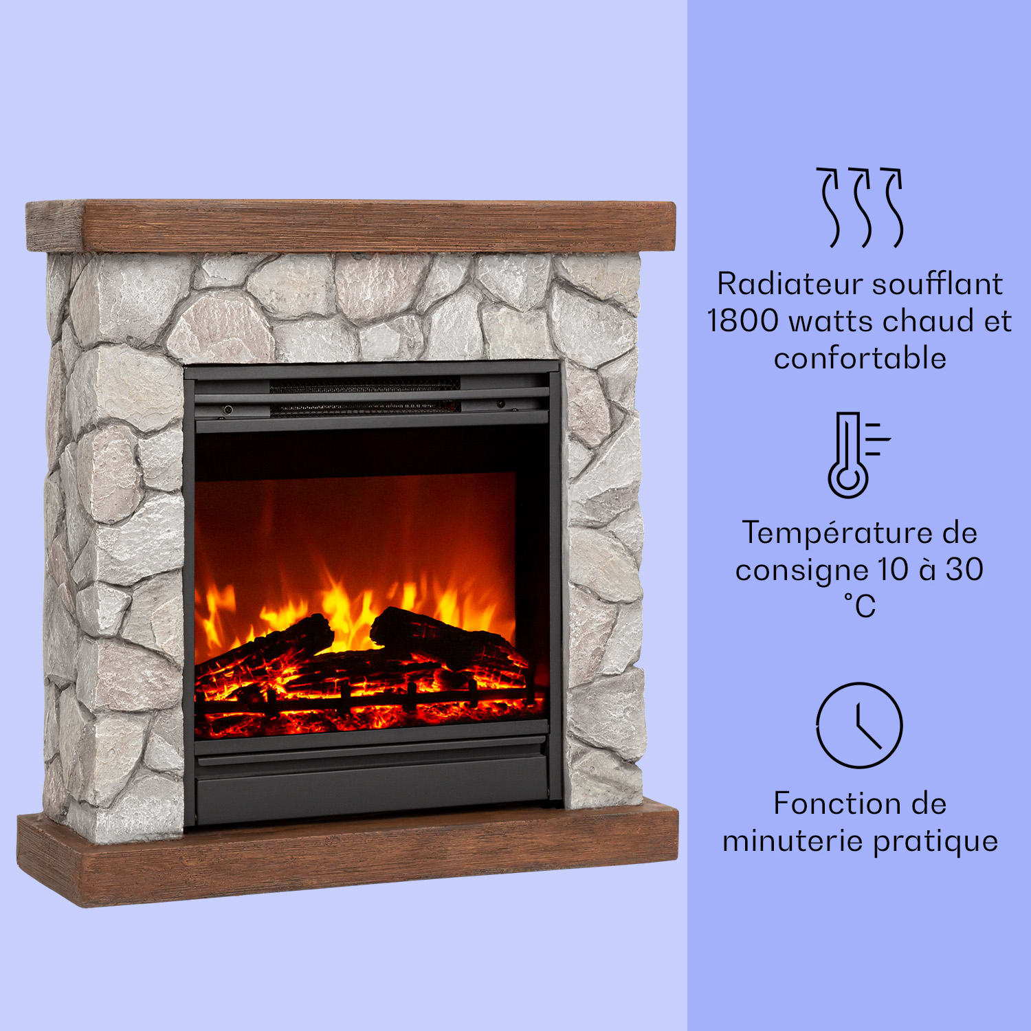 Cheminée électrique Lienz 1800W décor pierre Polystone Télécommande Gris Clair | Marron Foncé