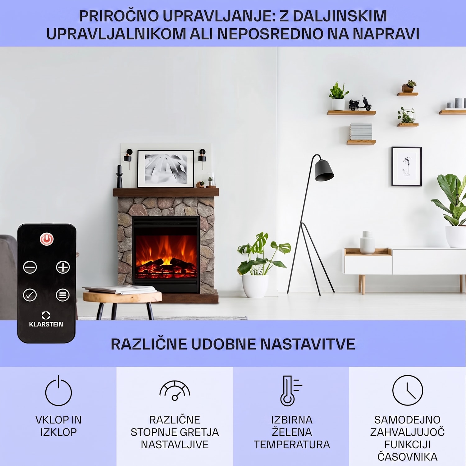 Lienz, električni kamin, 1800 W, videz kamna, daljinski upravljalnik, rjava barva 