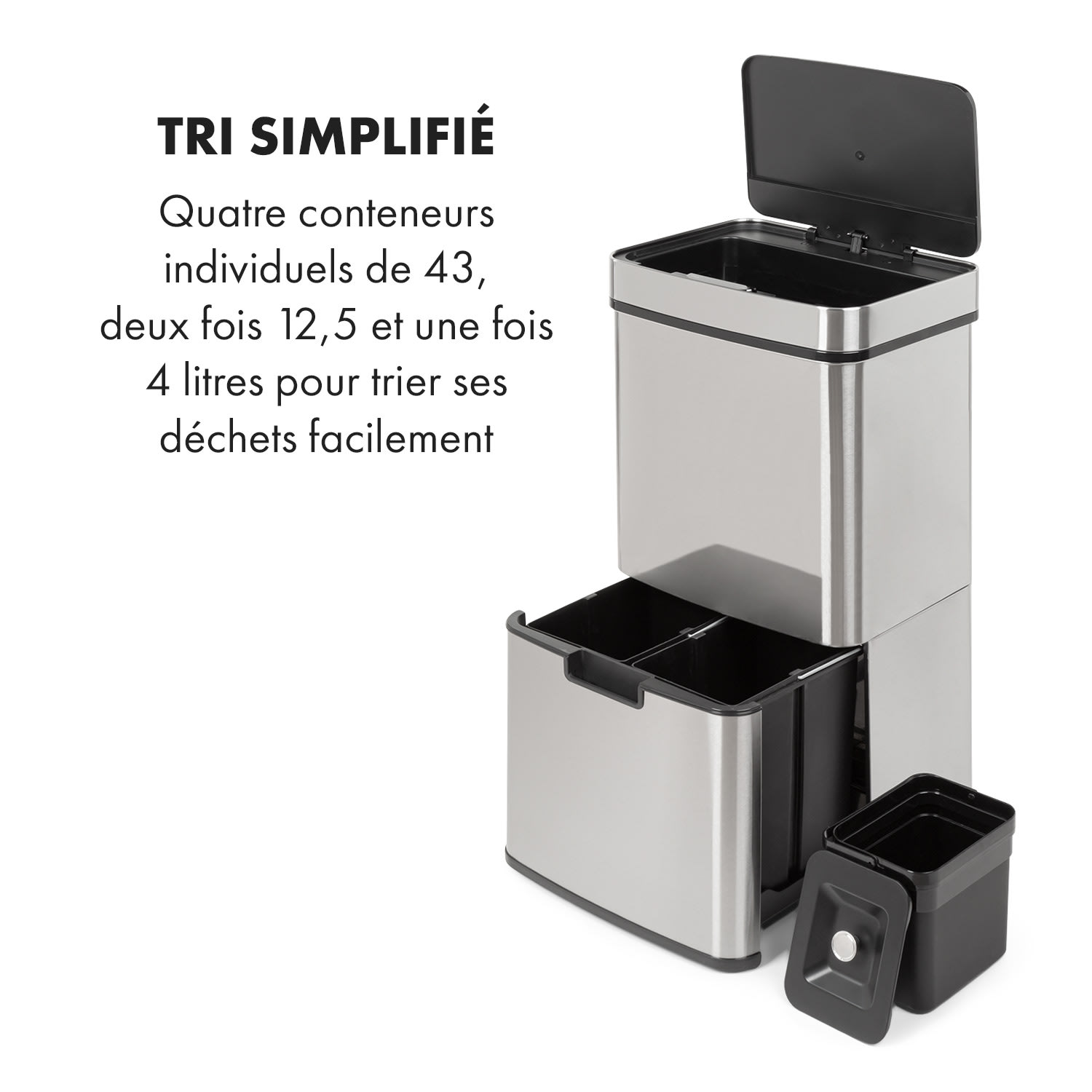 Touchless Poubelle avec capteur 72 litres 4 bacs ABS PP & inox Argent Métallisé