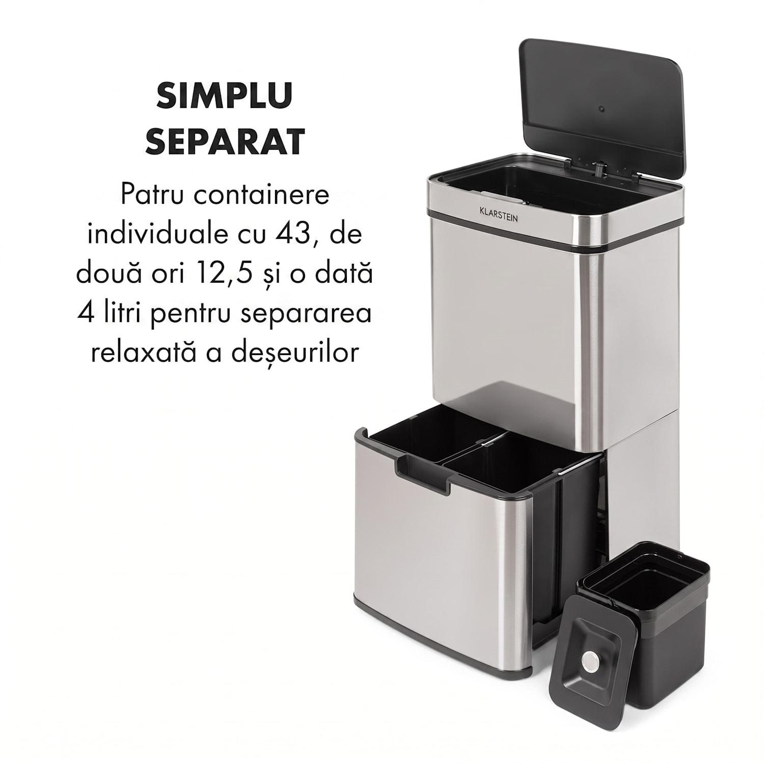 Touchless, coș de gunoi, cu senzor, 72 de litri, 4 recipiente, ABS/PP/oțel inoxidabil Argintiu metalizat