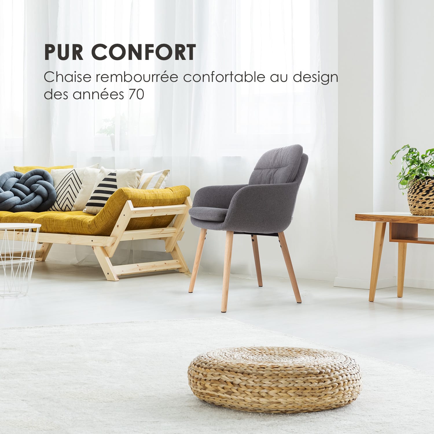 Doug Chaise rembourrée mousse pieds en bois polyester gris foncé 
